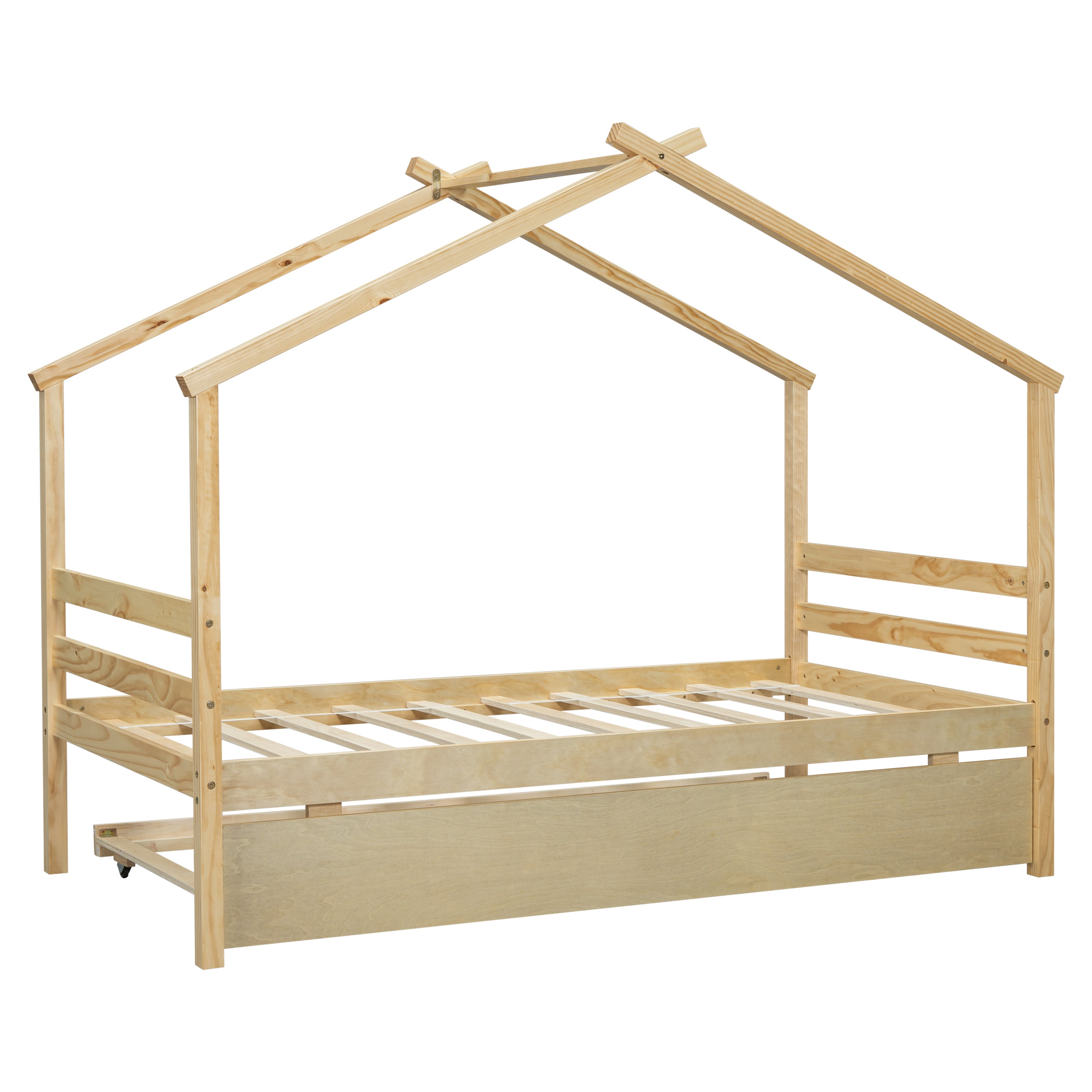 Twin Size House-shaped Bed with Trundle,Natural