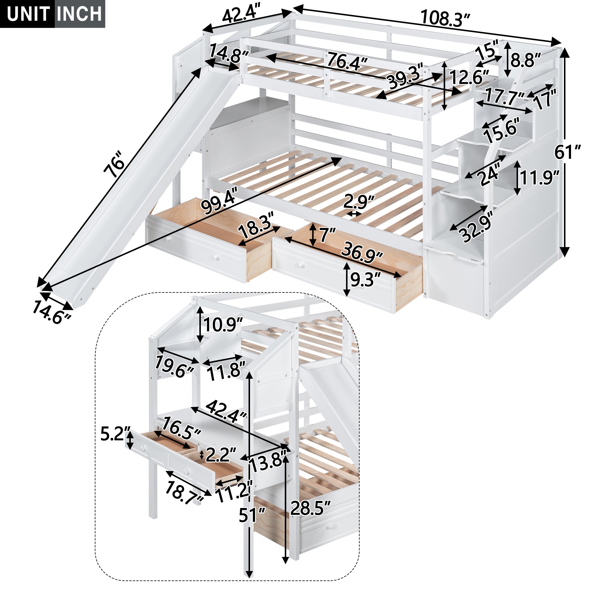 Twin over Twin Bunk Bed with Storage Staircase, Slide and Drawers, Desk with Drawers and Shelves, White - Atlantic Fine Furniture Melbourne FL