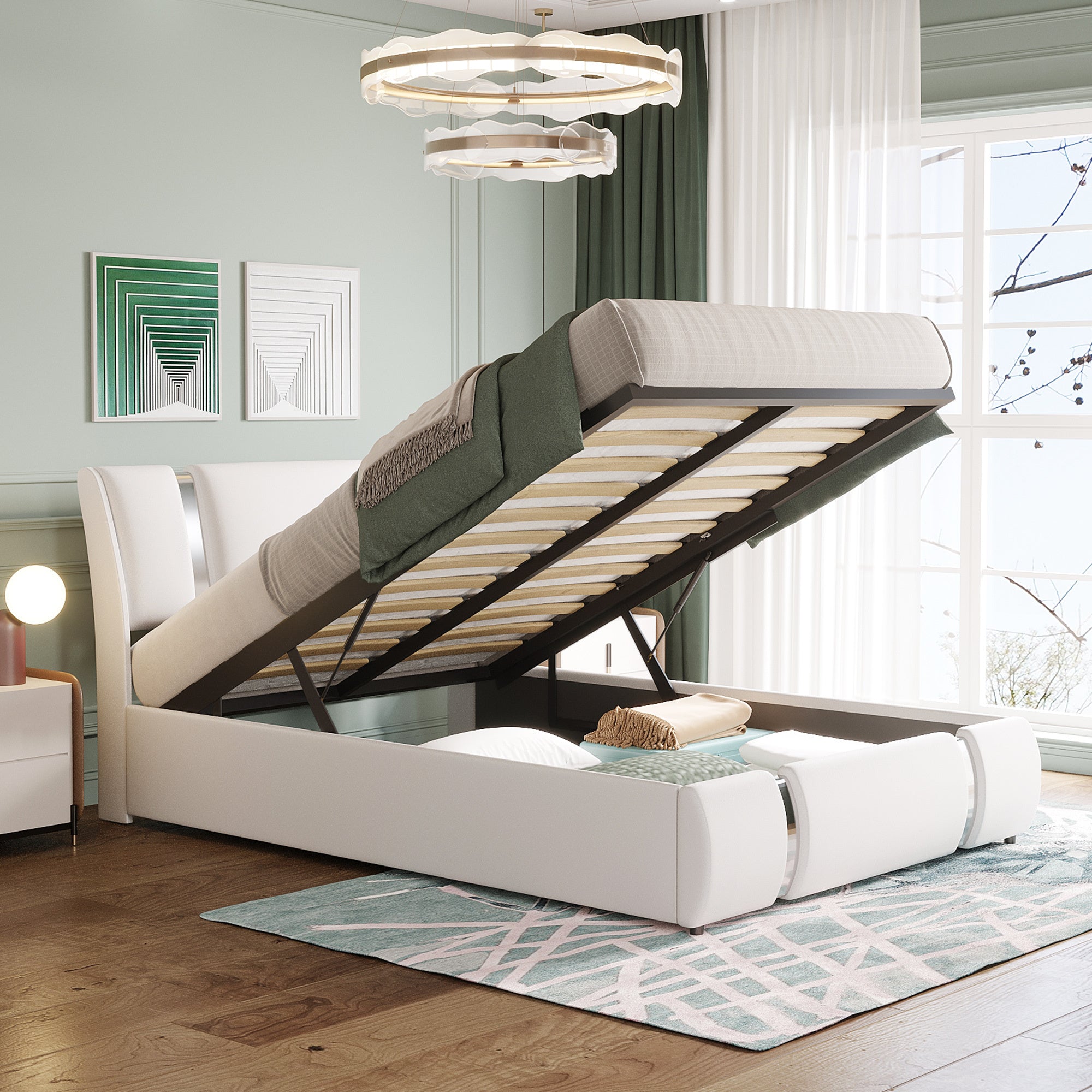 Full Size Upholstered Faux Leather Platform bed with a Hydraulic Storage System, White - Atlantic Fine Furniture Melbourne FL