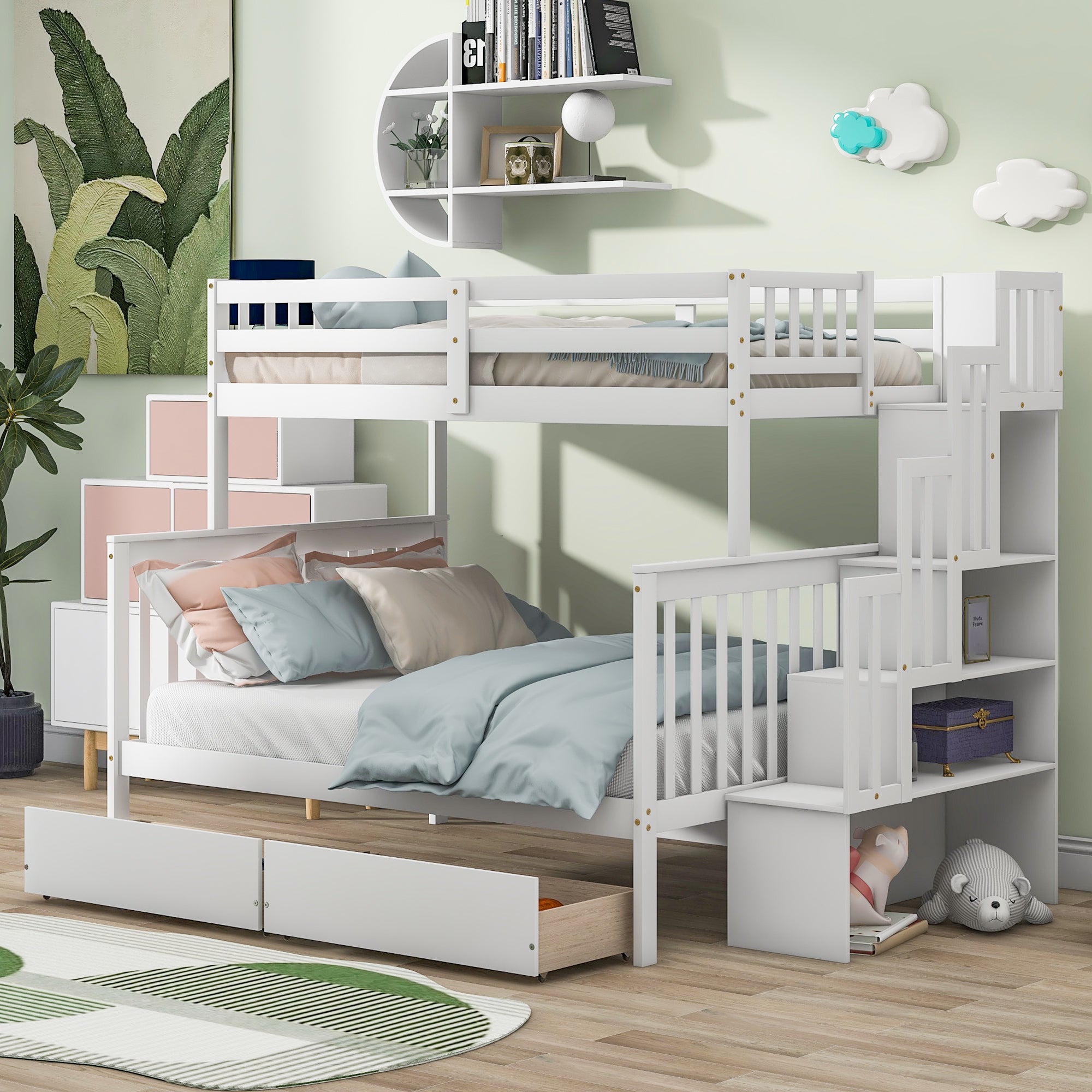 Twin Over Full Bunk Bed with 2 Drawers and Staircases, Convertible into 2 Beds, the Bunk Bed with Staircase and Safety Rails for Kids, Teens, Adults, White - Atlantic Fine Furniture Melbourne FL