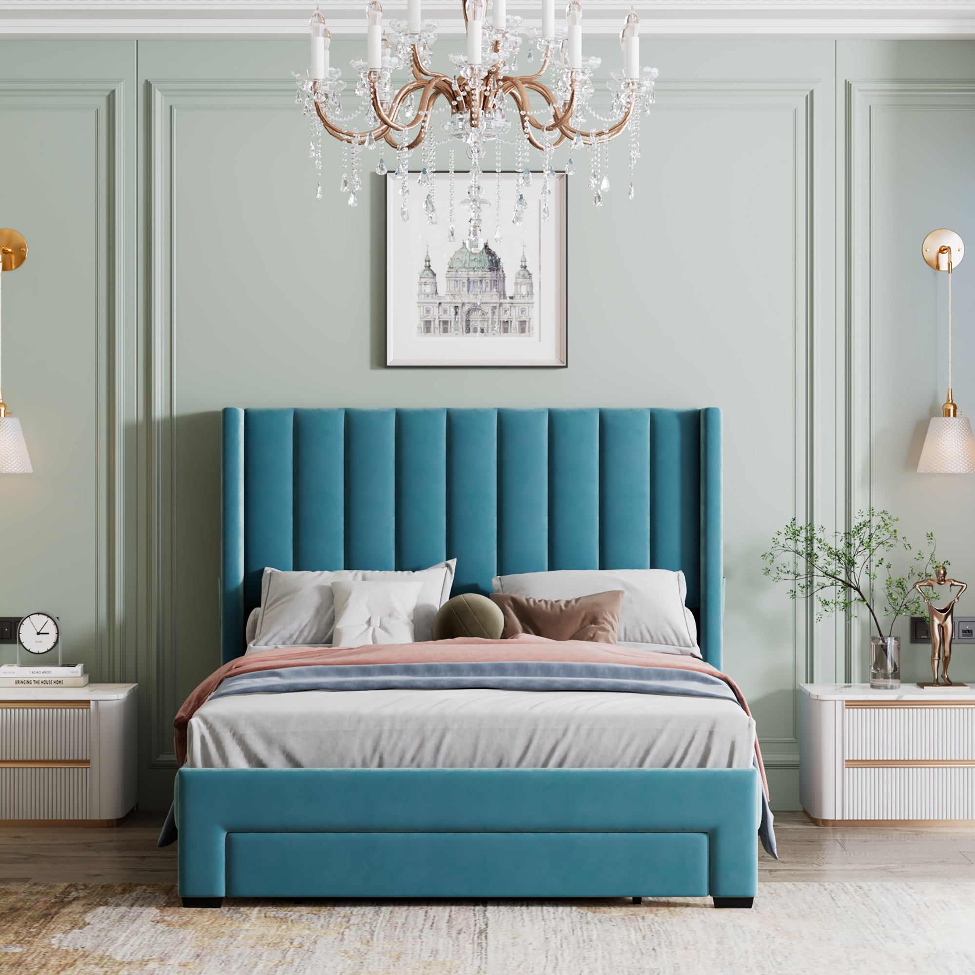 Full Size Storage Bed Velvet Upholstered Platform Bed with a Big Drawer - Blue - Atlantic Fine Furniture Melbourne FL
