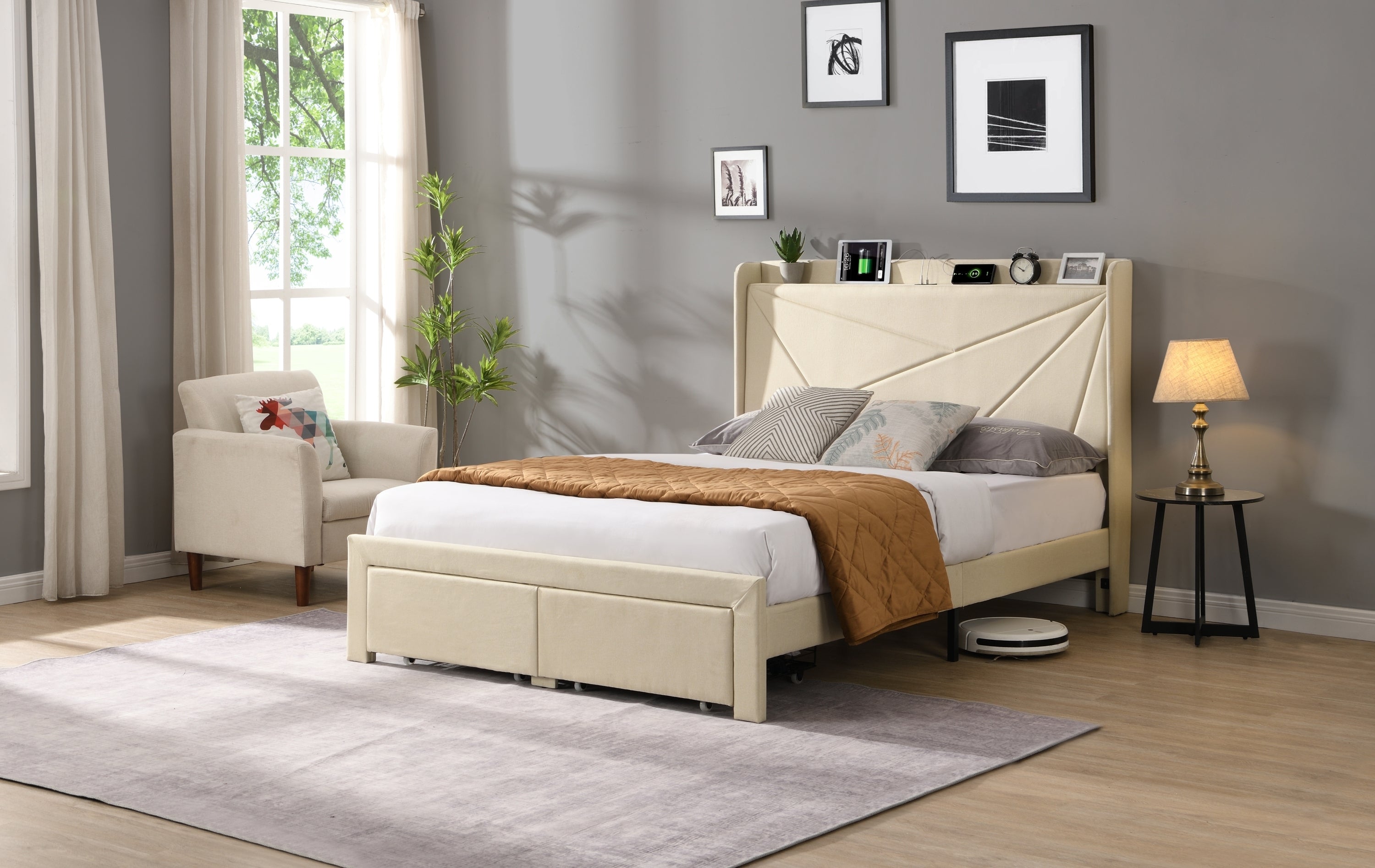 Queen Size Bed Frame with 2 Storage Drawers, Upholstered Bed Frame with Wingback Headboard Storage Shelf Built-in USB Charging Stations and Strong Wood Slats Support, No Box Spring Needed, Beige