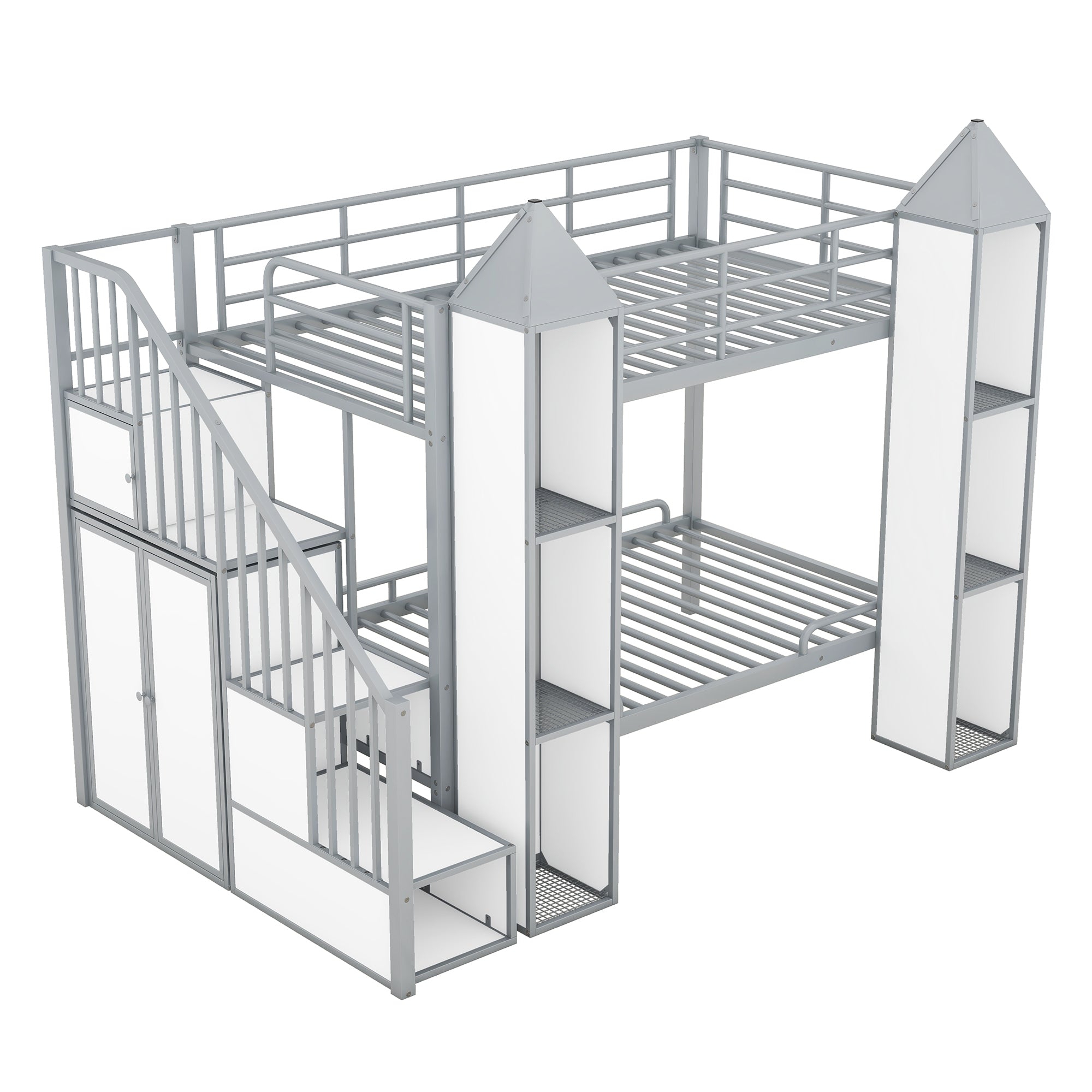 Metal Twin over Twin Castle-shaped Bunk Bed with Wardrobe and Multiple Storage, Gray+White - Atlantic Fine Furniture Melbourne FL