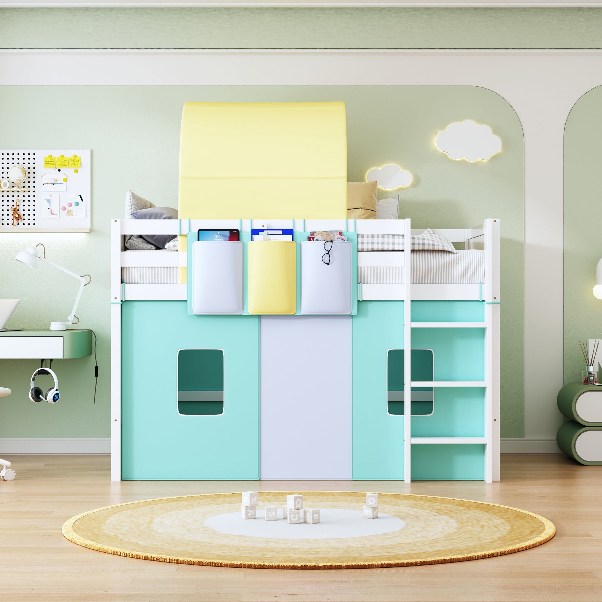 Twin Size Loft Bed with Tent and Tower and Three Pockets- Green - Atlantic Fine Furniture Melbourne FL
