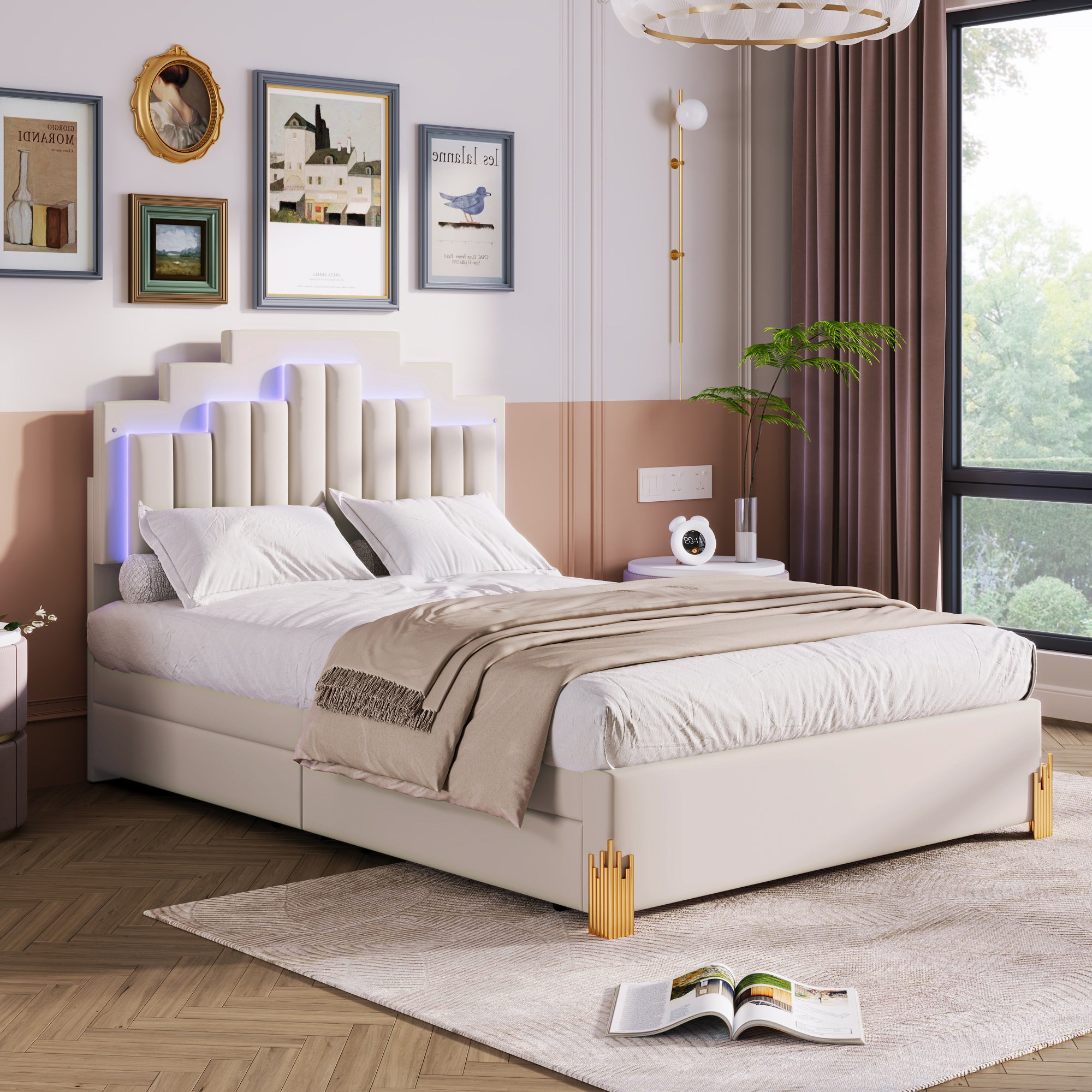 Full Size Upholstered Platform Bed with LED Lights and 4 Drawers, Stylish Irregular Metal Bed Legs Design, Beige - Atlantic Fine Furniture Melbourne FL