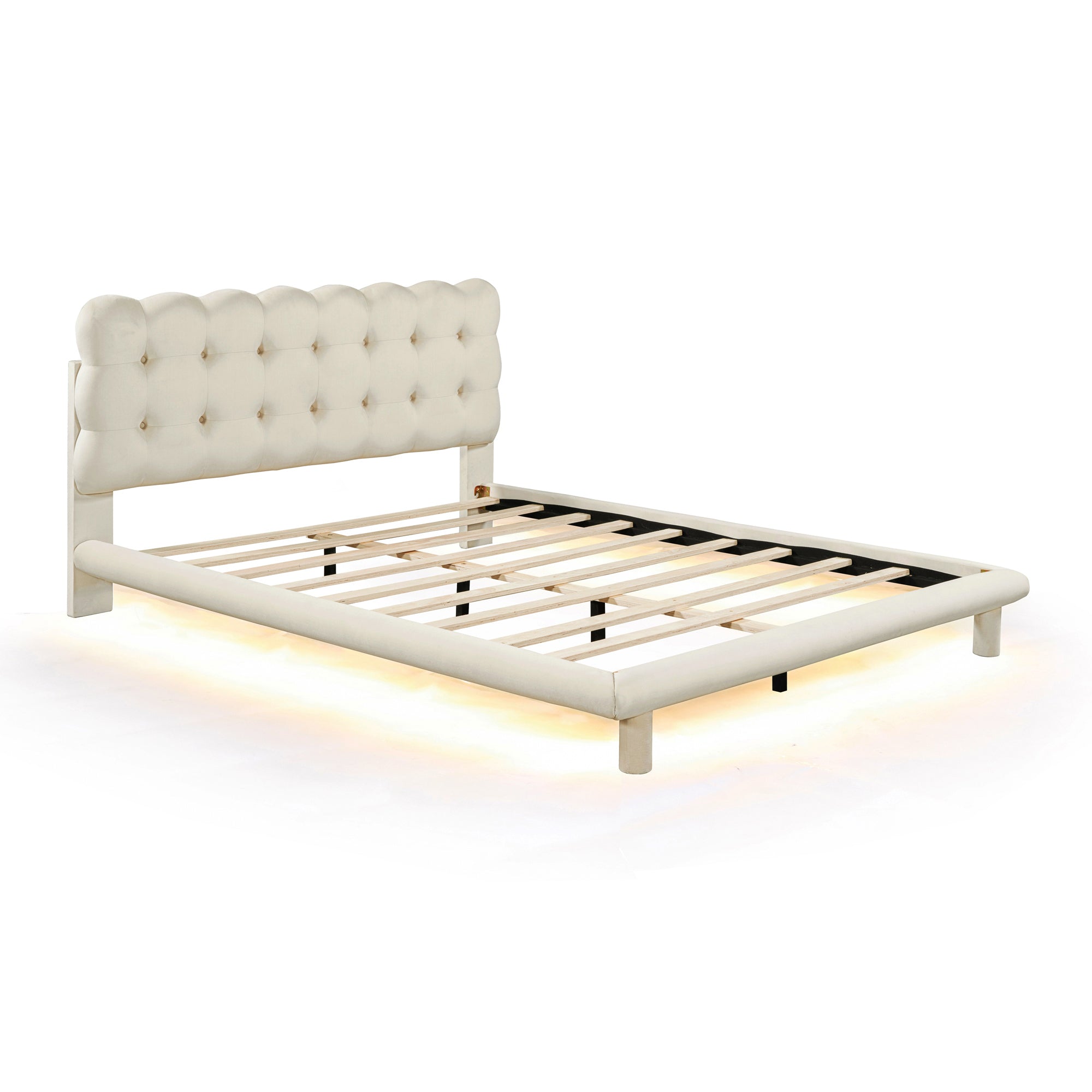 Queen Size Velvet Platform Bed with LED Frame, Thick & Soft Fabric and Button-tufted Design Headboard, Beige - Atlantic Fine Furniture Melbourne FL