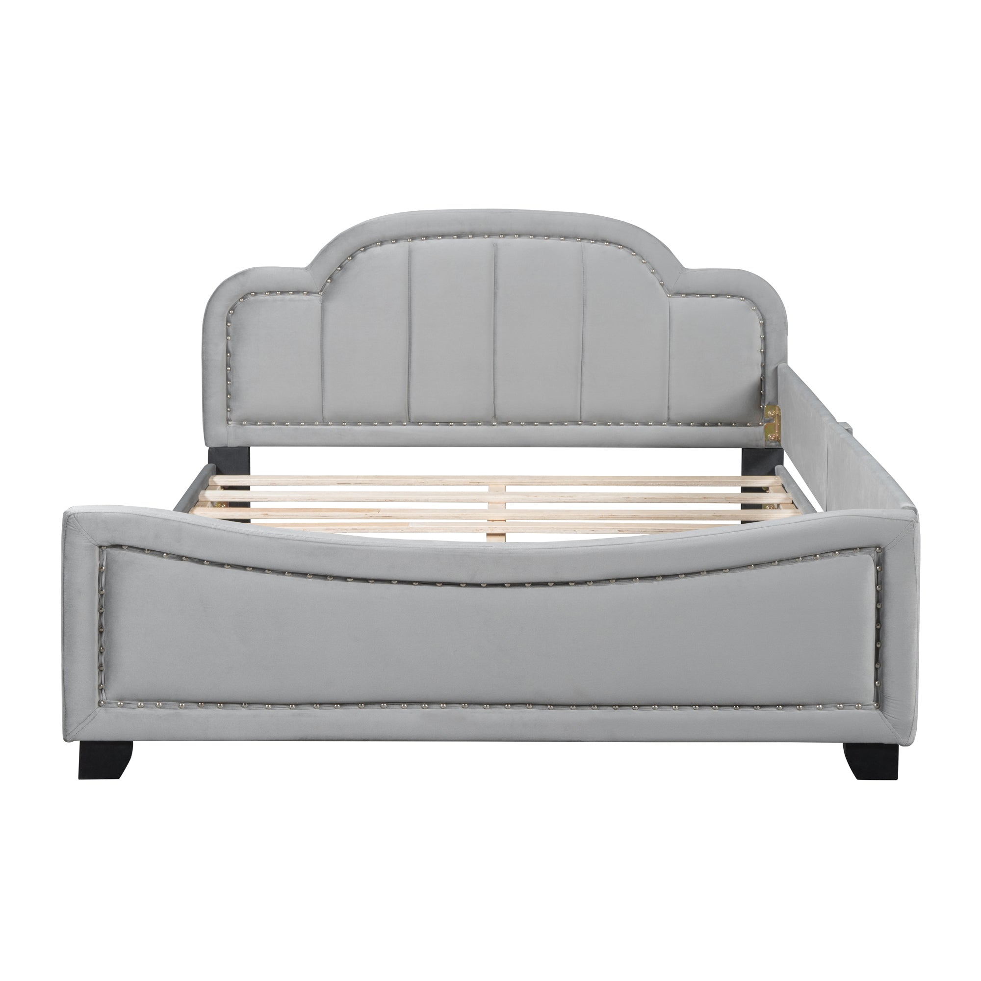 Full Size Upholstered Daybed with Cloud Shaped Headboard, Embedded Elegant Copper Nail Design, Gray - Atlantic Fine Furniture Melbourne FL