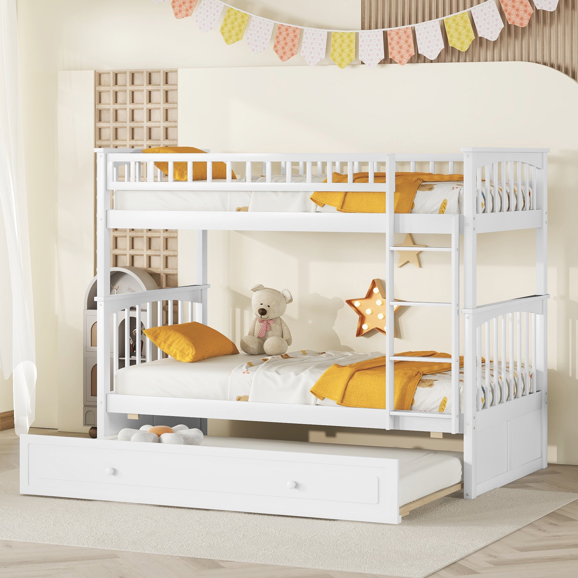 Twin over Twin Bunk Bed with Twin Size Trundle, Convertible Beds, White - Atlantic Fine Furniture Melbourne FL