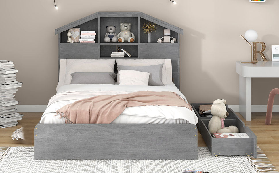 Full Size Wood Platform Bed with House-shaped Storage Headboard and 2 Drawers, Gray - Atlantic Fine Furniture Melbourne FL