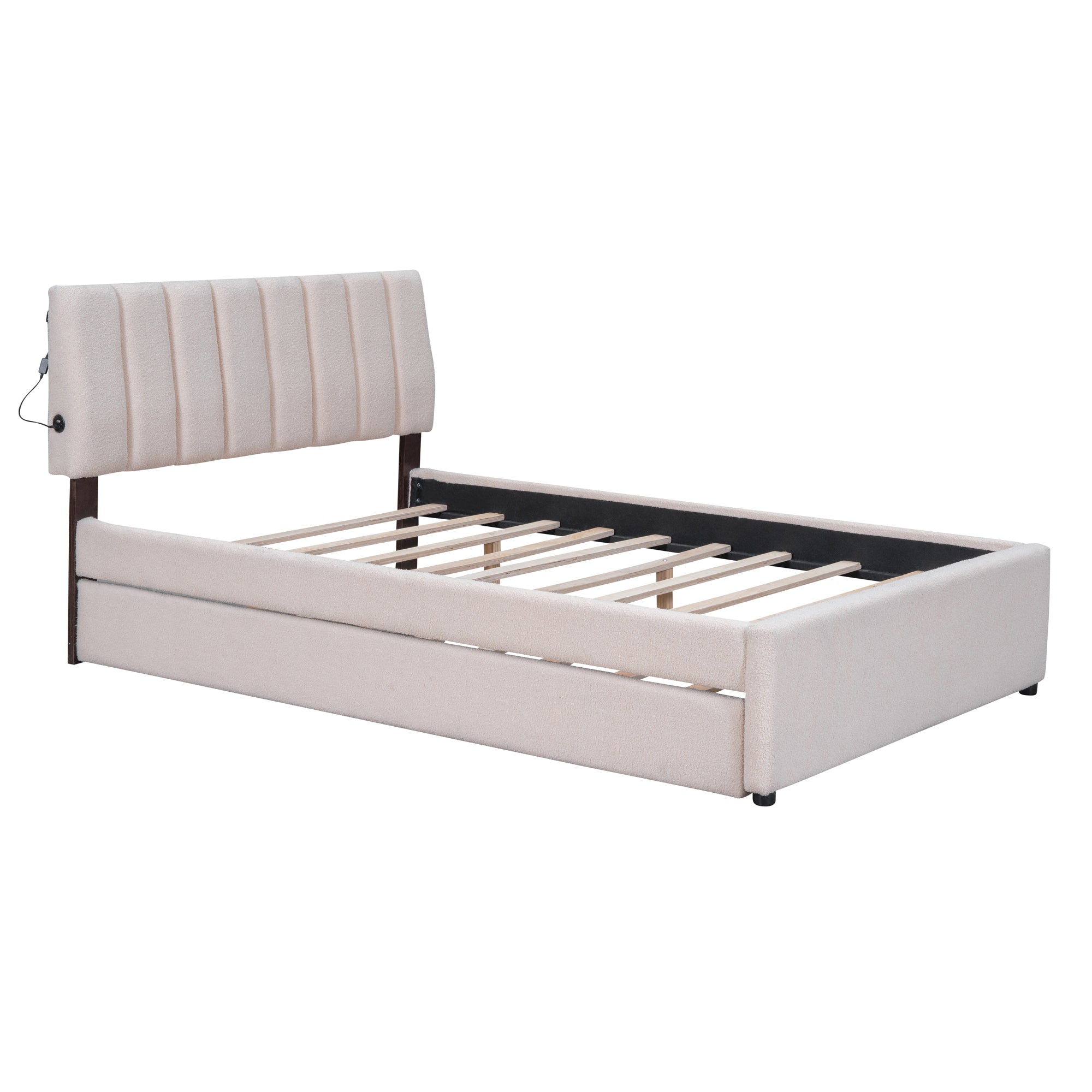 Teddy Fleece Full Size Upholstered Platform Bed with Trundle, Beige - Atlantic Fine Furniture Melbourne FL