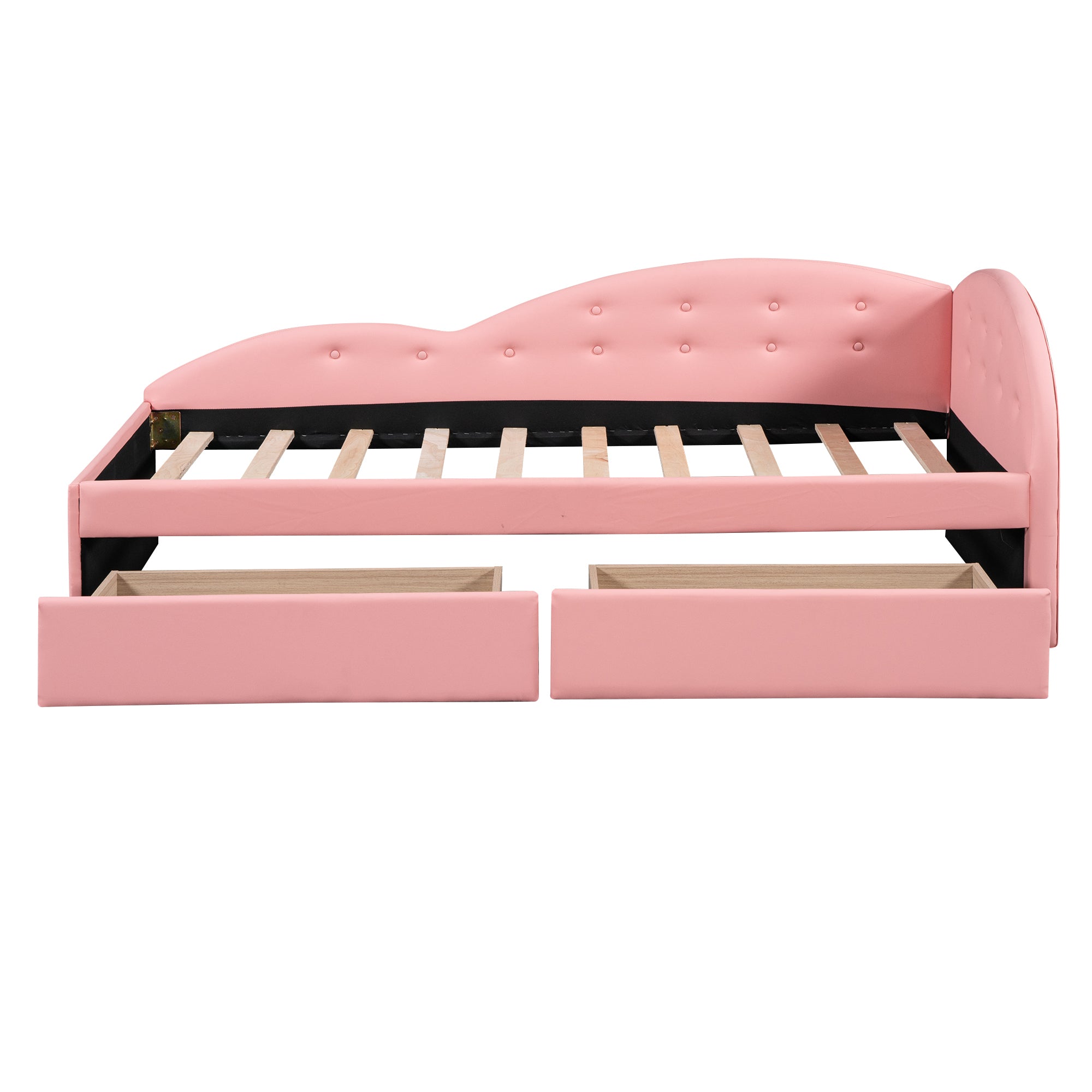 Twin Size PU Upholstered Tufted Daybed with Two Drawers and Cloud Shaped Guardrail, Pink - Atlantic Fine Furniture Melbourne FL