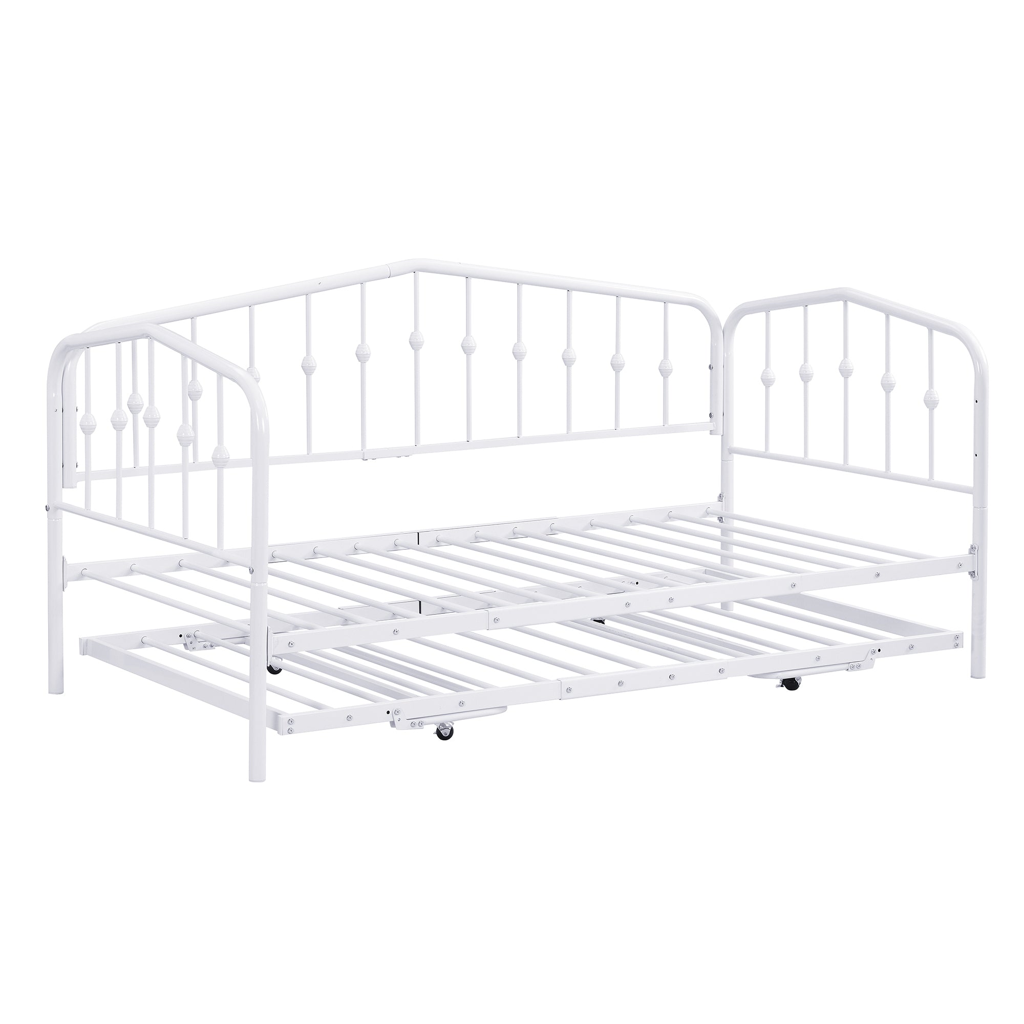 Twin Size Stylish Metal Daybed with Twin Size Adjustable Trundle, Portable Folding Trundle, White