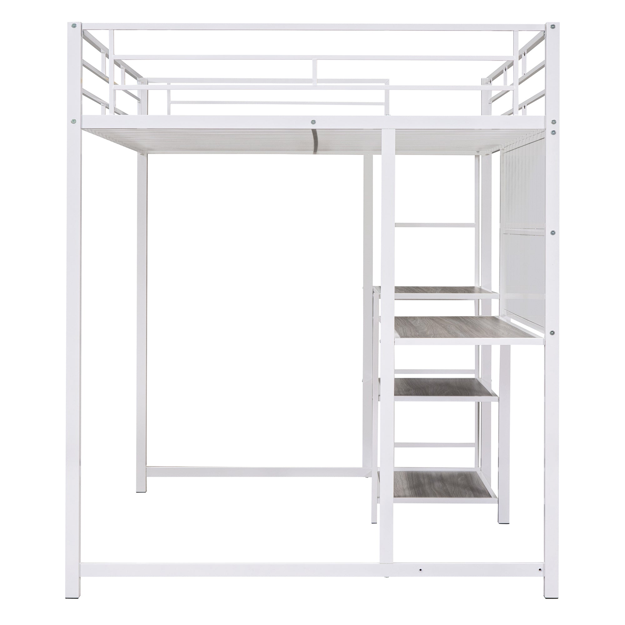 Full Size Loft Bed with Desk and Whiteboard, Metal Loft Bed with 3 Shelves and Ladder, White - Atlantic Fine Furniture Melbourne FL