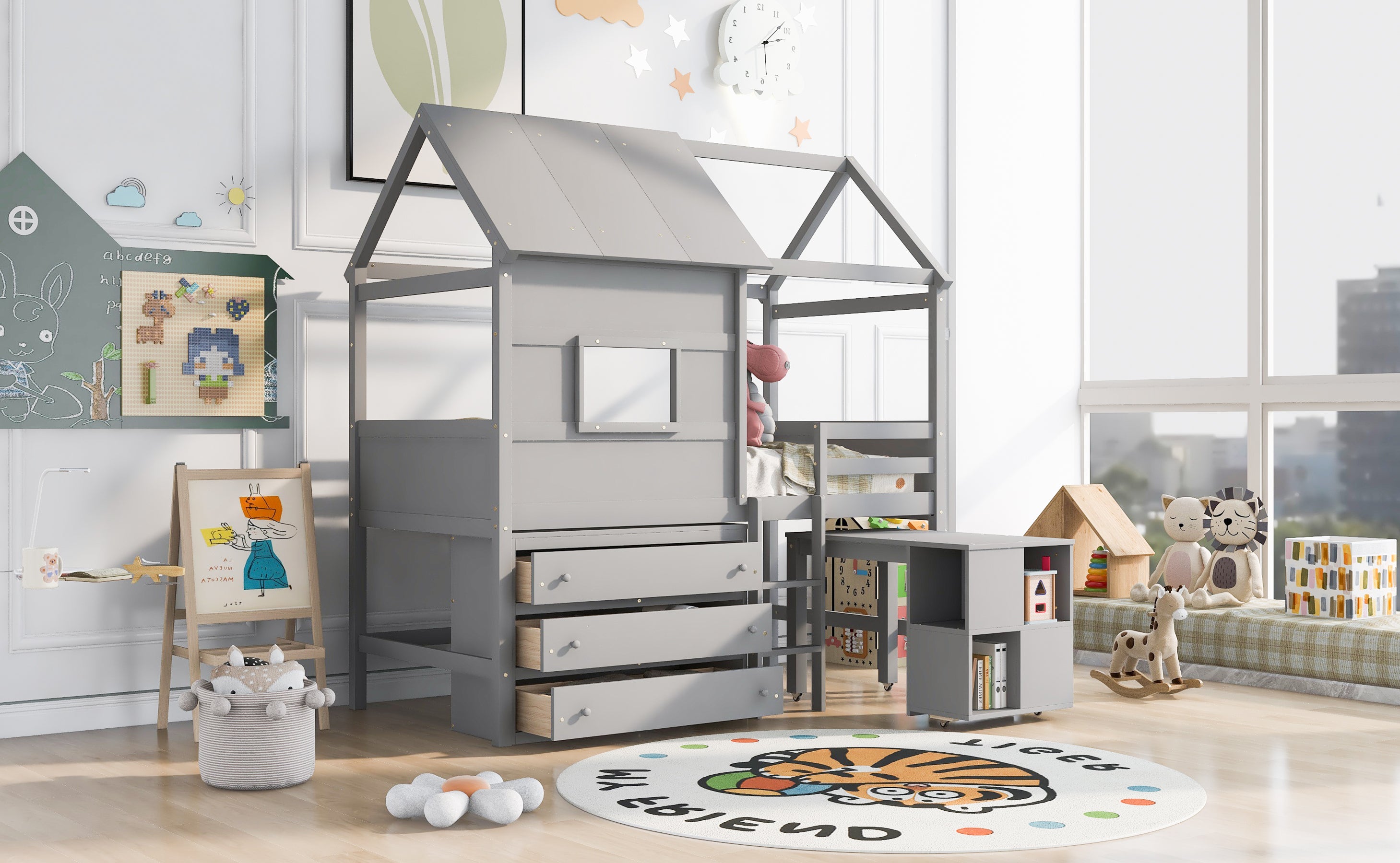 Twin Size House Loft Bed with Storage Desk and 3 Drawer Chest, Gray - Atlantic Fine Furniture Melbourne FL