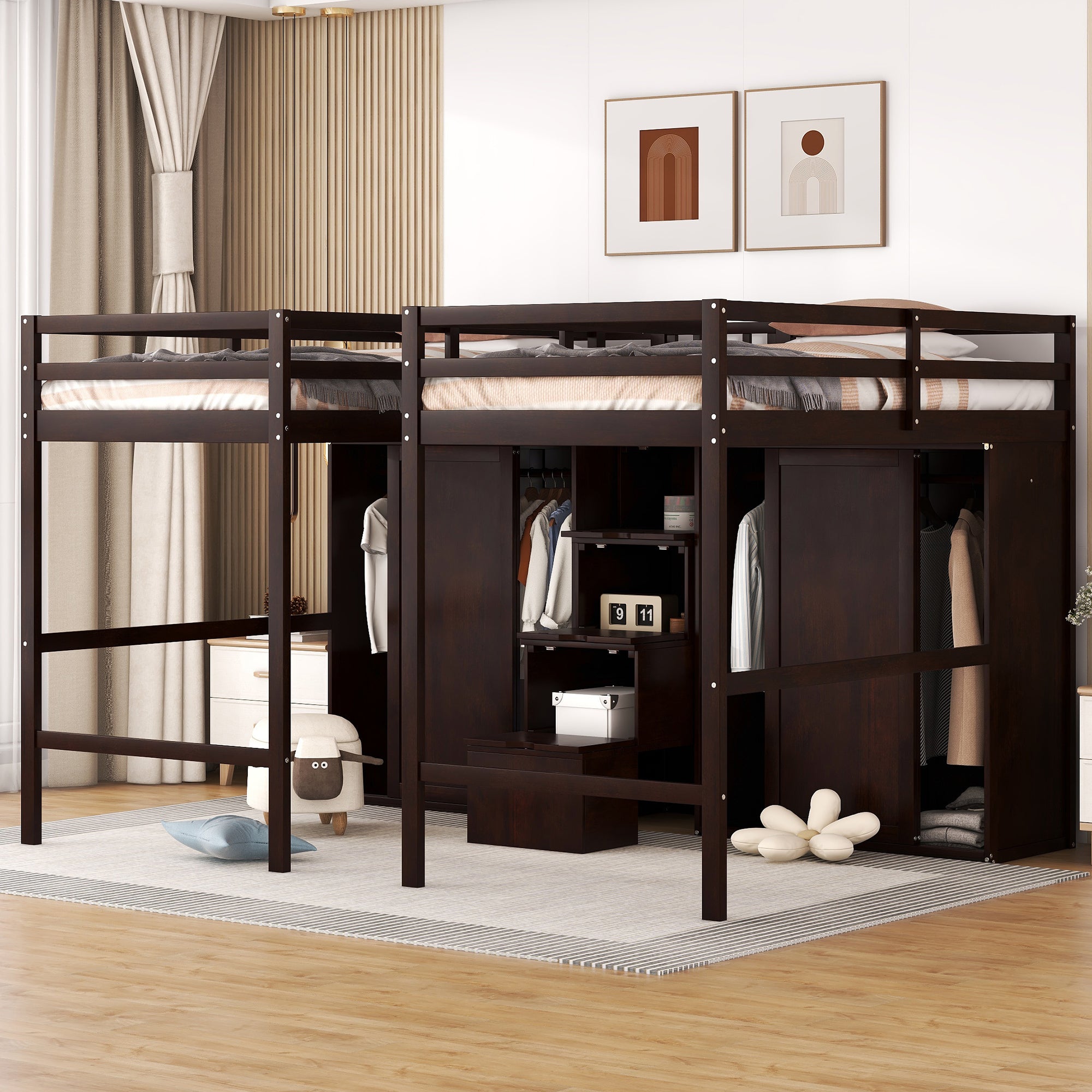 Double Twin Loft Beds with Wardrobes and Staircase, Espresso - Atlantic Fine Furniture Melbourne FL