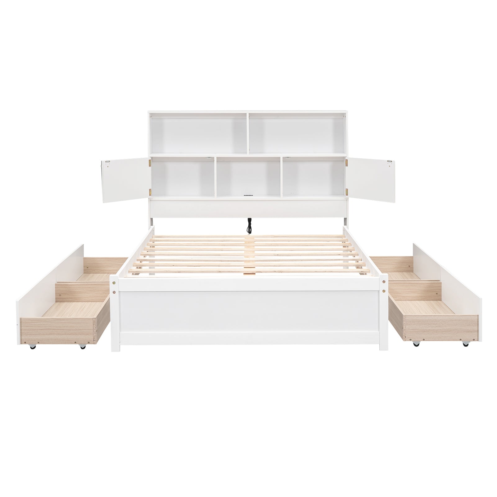 Full Size Platform Bed with Storage Headboard, Charging Station and 4 Drawers, White - Atlantic Fine Furniture Melbourne FL