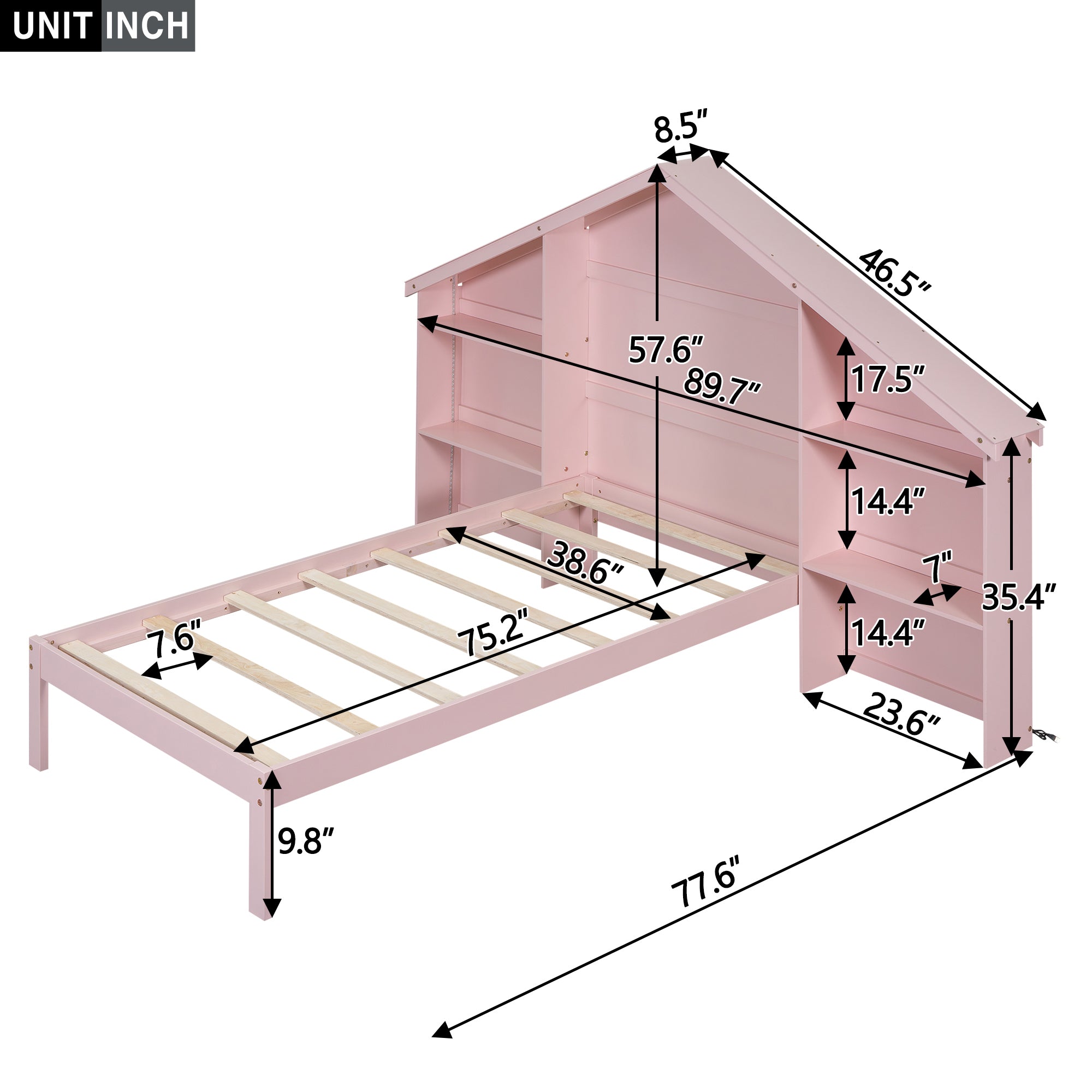 Wood Twin Size Platform Bed with House-shaped Storage Headboard and Built-in LED, Pink - Atlantic Fine Furniture Melbourne FL