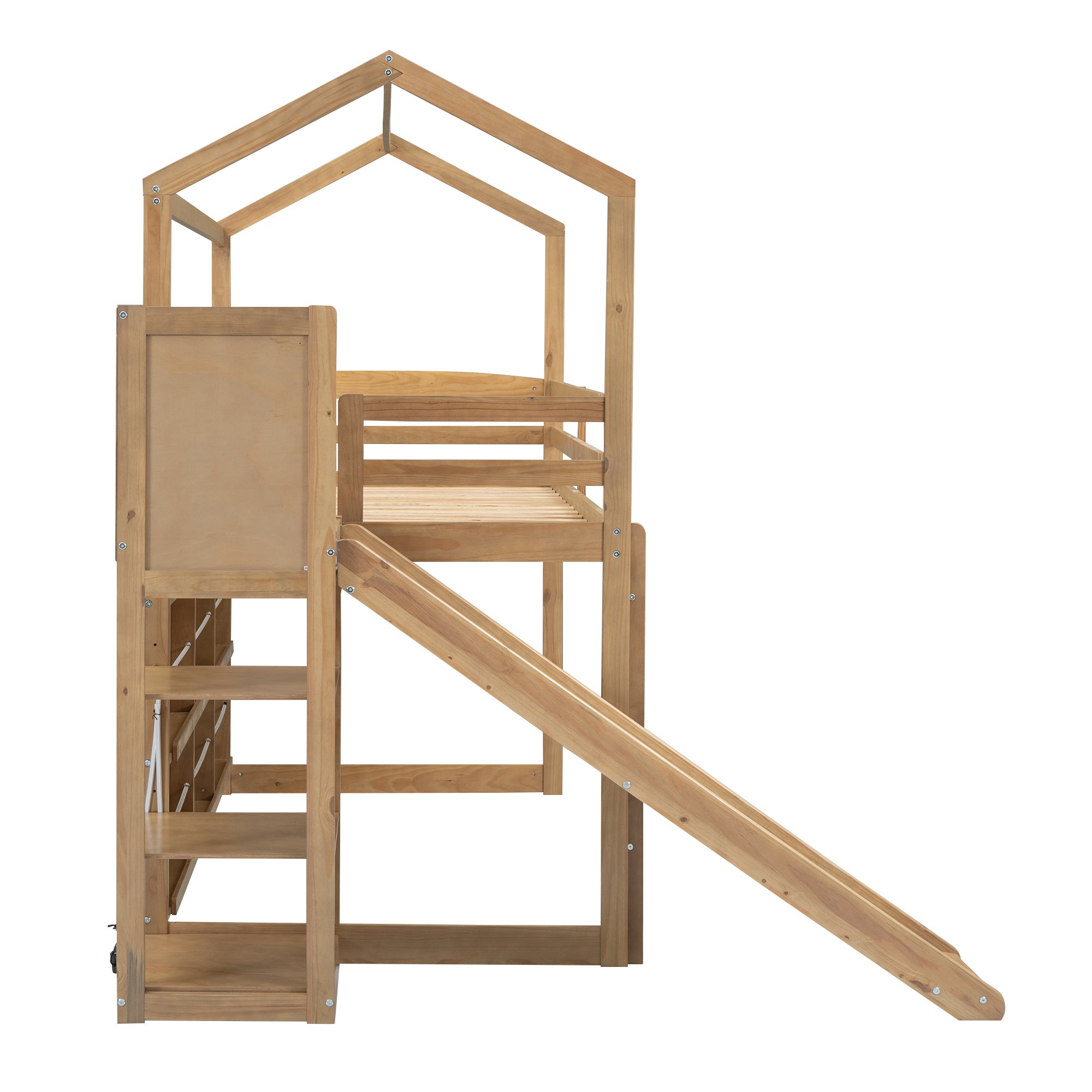 Twin Size Wood House Loft bed with Slide, Storage shelves and Light, Climbing Ramp, Wood Color - Atlantic Fine Furniture Melbourne FL