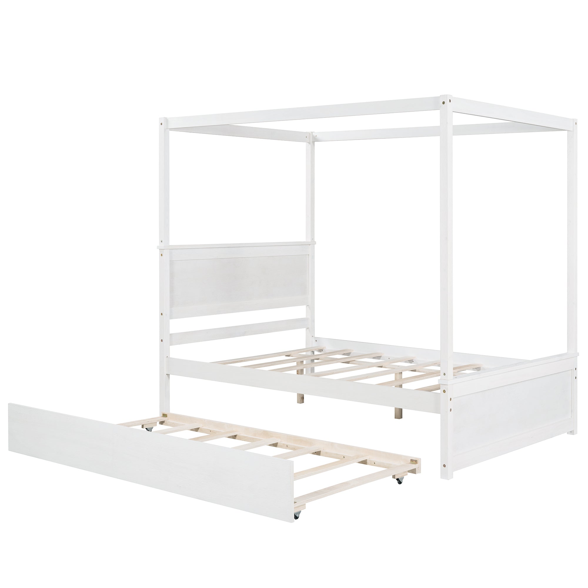 Wood Canopy Bed with Trundle Bed ,Full Size Canopy Platform bed With Support Slats .No Box Spring Needed, Brushed White