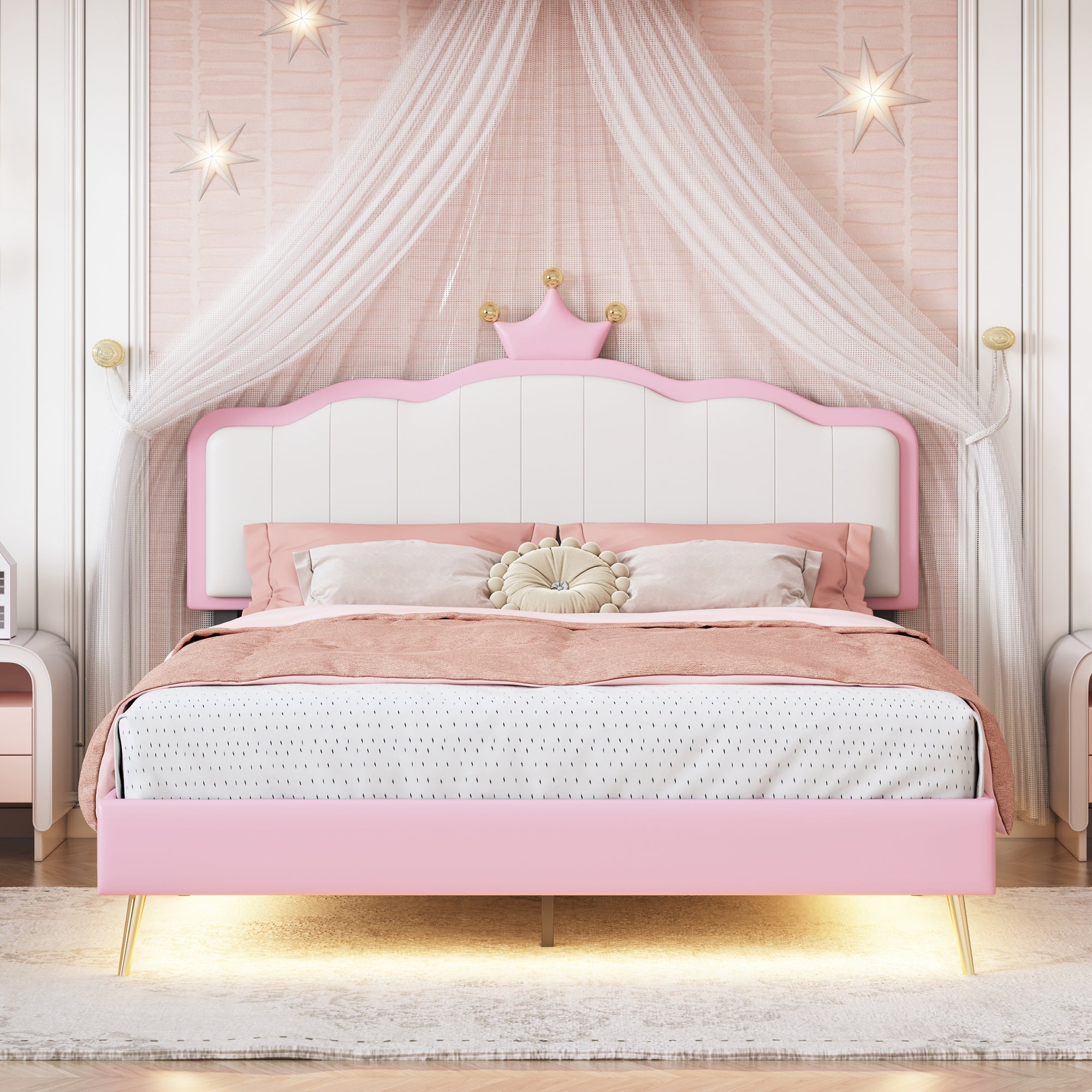 Full size Upholstered Princess Bed With Crown Headboard,Full Size Platform Bed with Headboard and Footboard with Light Strips,Golden Metal Legs, White+Pink - Atlantic Fine Furniture Melbourne FL