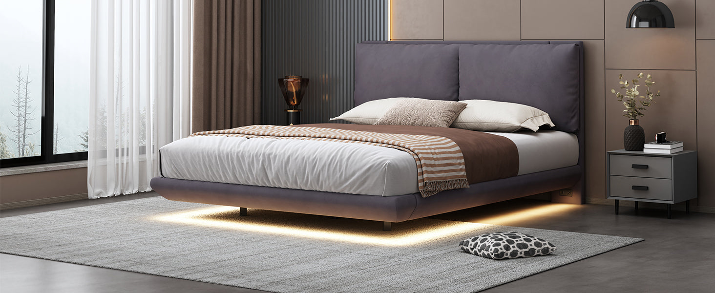Queen Size Upholstered Platform Bed with Sensor Light and 2 Large Backrests, Stylish Platform Bed with 2 sets of USB Port and Socket on each rear Bed Leg, Gray - Atlantic Fine Furniture Melbourne FL
