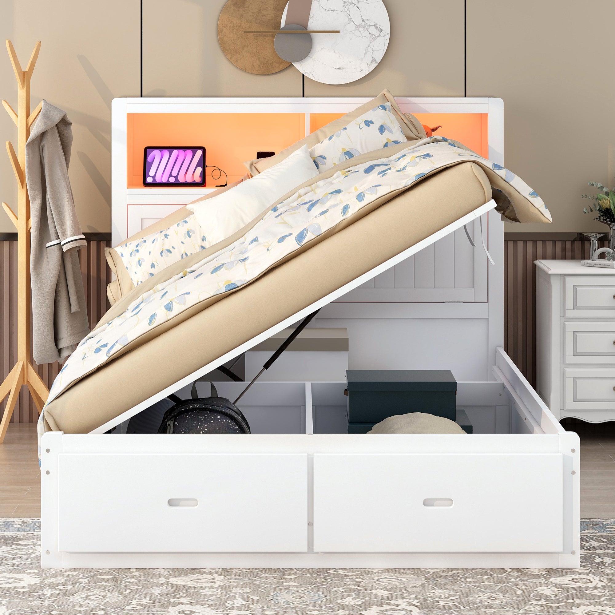 Wood Queen Size Hydraulic Platform Bed with Storage LED Headboard, Charging Station and 2 Drawers, White - Atlantic Fine Furniture Melbourne FL