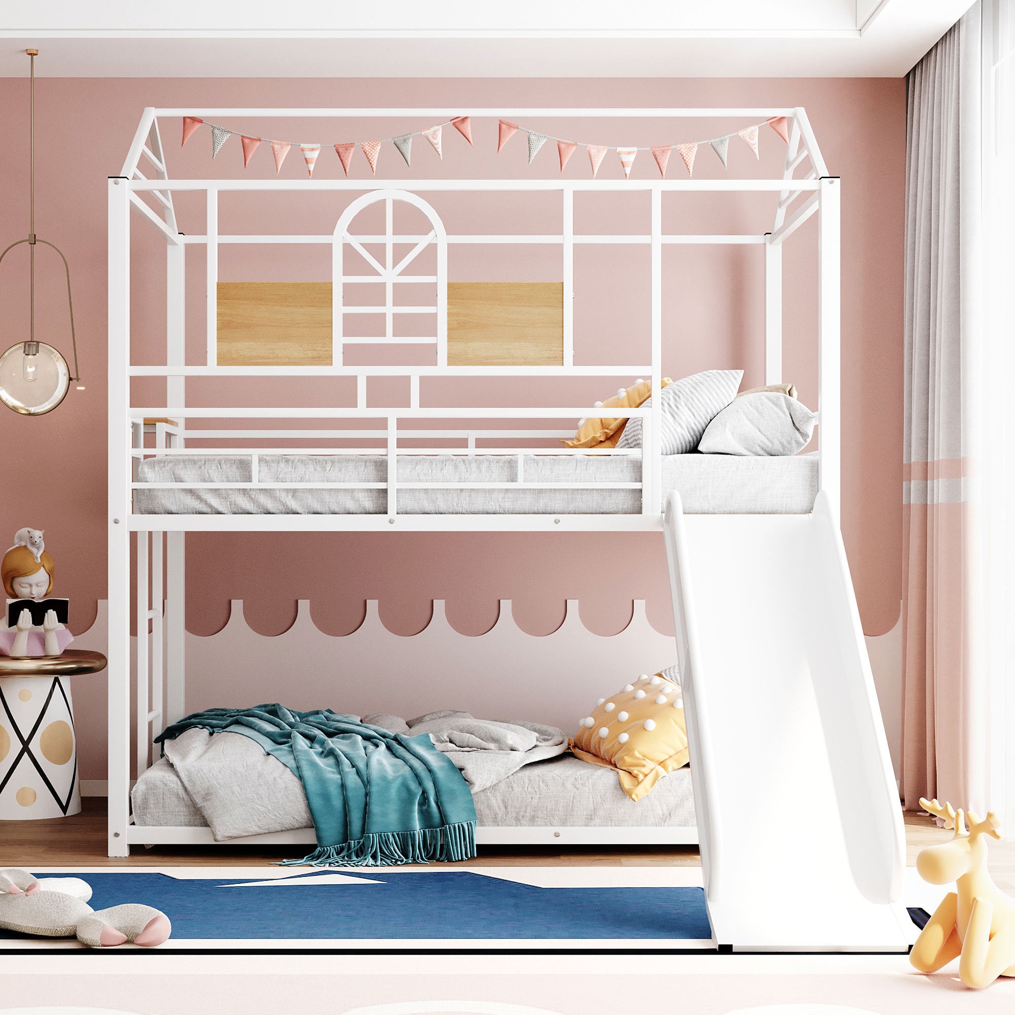 Twin Over Twin Metal Bunk Bed ,Metal Housebed With Slide,Three Colors Available.(White with White Slide)(OLD SKU :LP000095AAK)