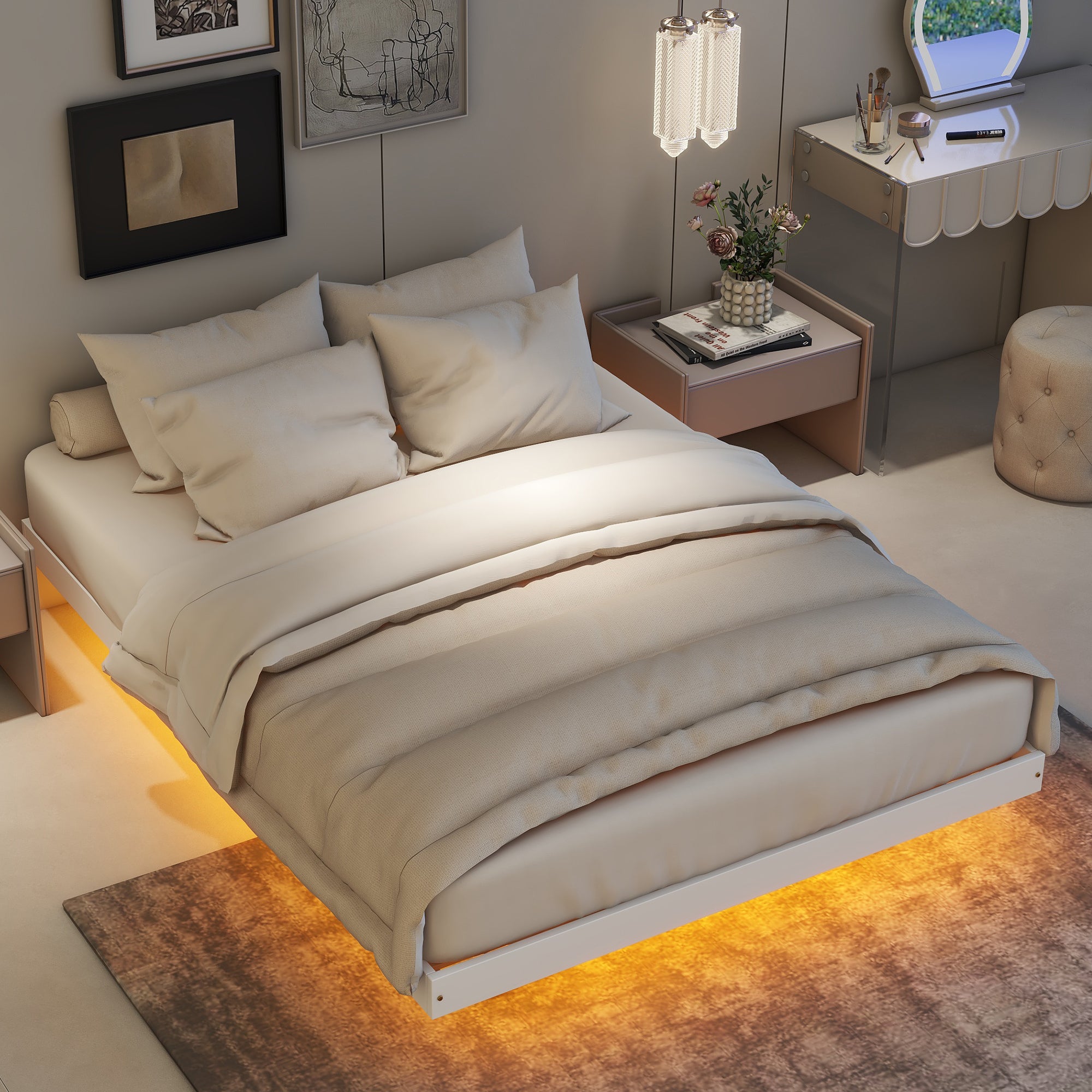 Full Size Floating Bed with LED Lights Underneath,Modern Full Size Low Profile Platform Bed with LED Lights,White