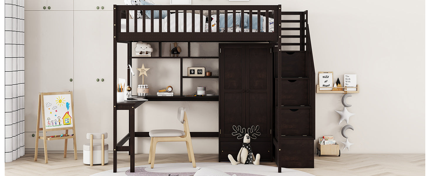 Full size Loft Bed with Bookshelf,Drawers,Desk,and Wardrobe-Espresso