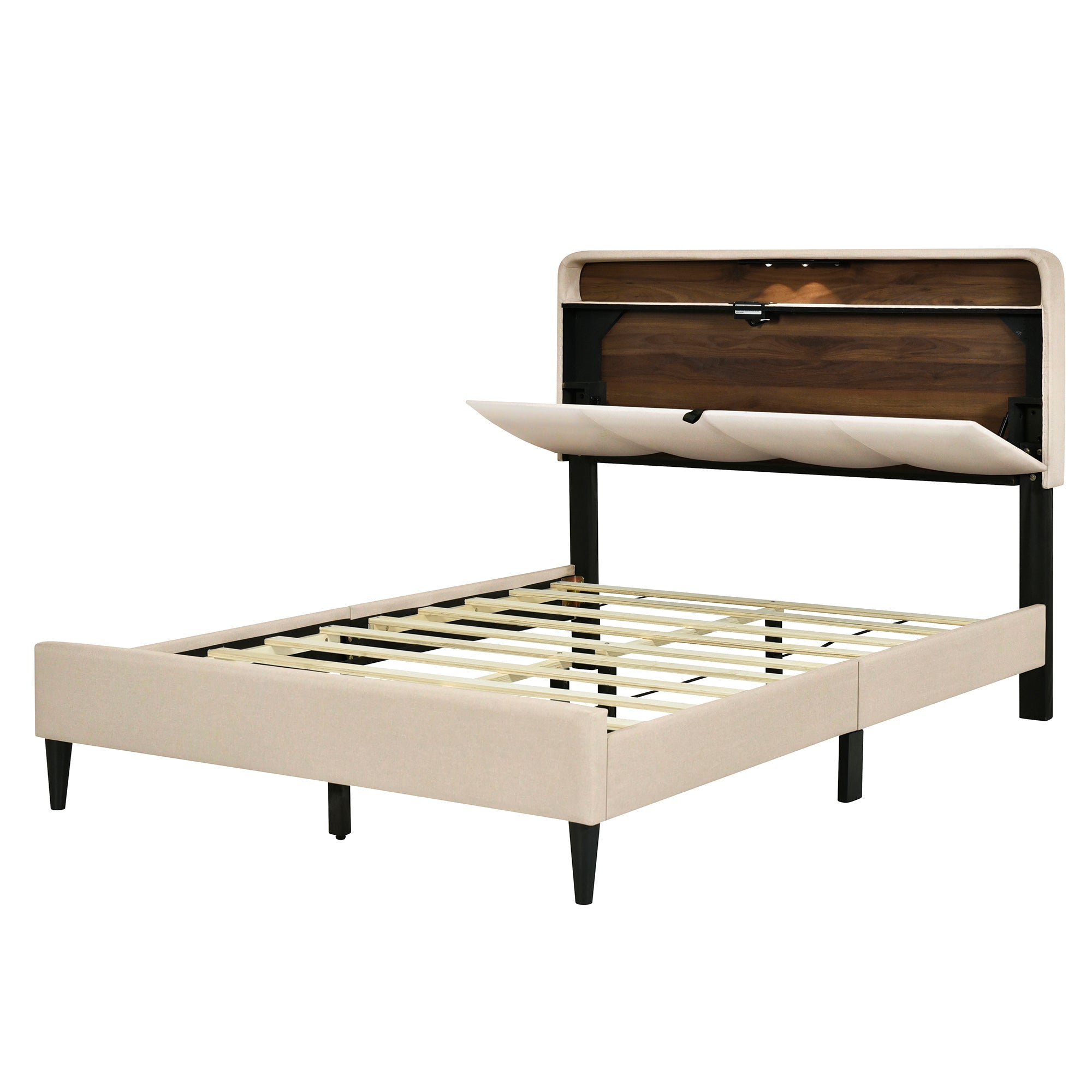 Full size Upholstered Platform Bed with Storage Headboard, Sensor Light and a set of Sockets and USB Ports, Linen Fabric, Beige