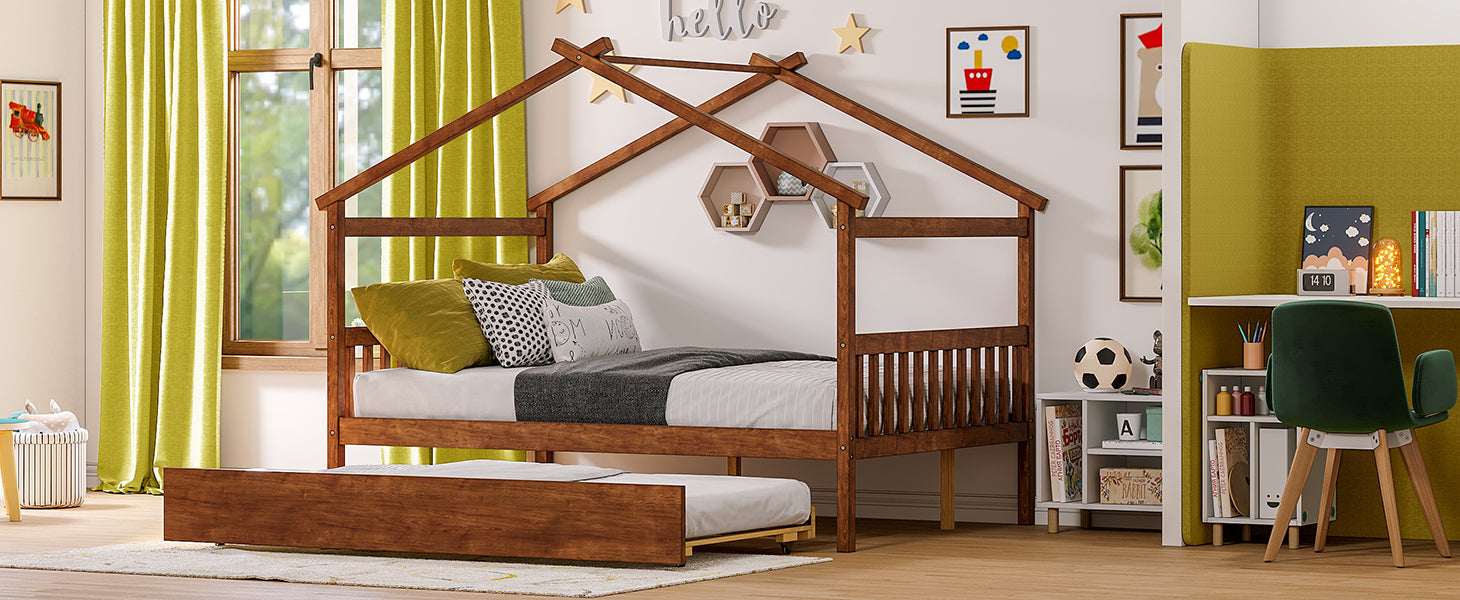 Full Size Wooden House Bed with Twin Size Trundle, Walnut - Atlantic Fine Furniture Melbourne FL