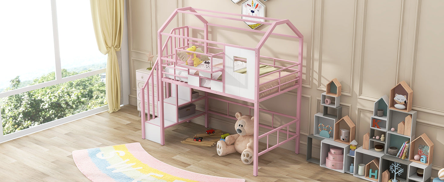 Metal Loft Bed with roof design and a storage box, Twin, Pink - Atlantic Fine Furniture Melbourne FL