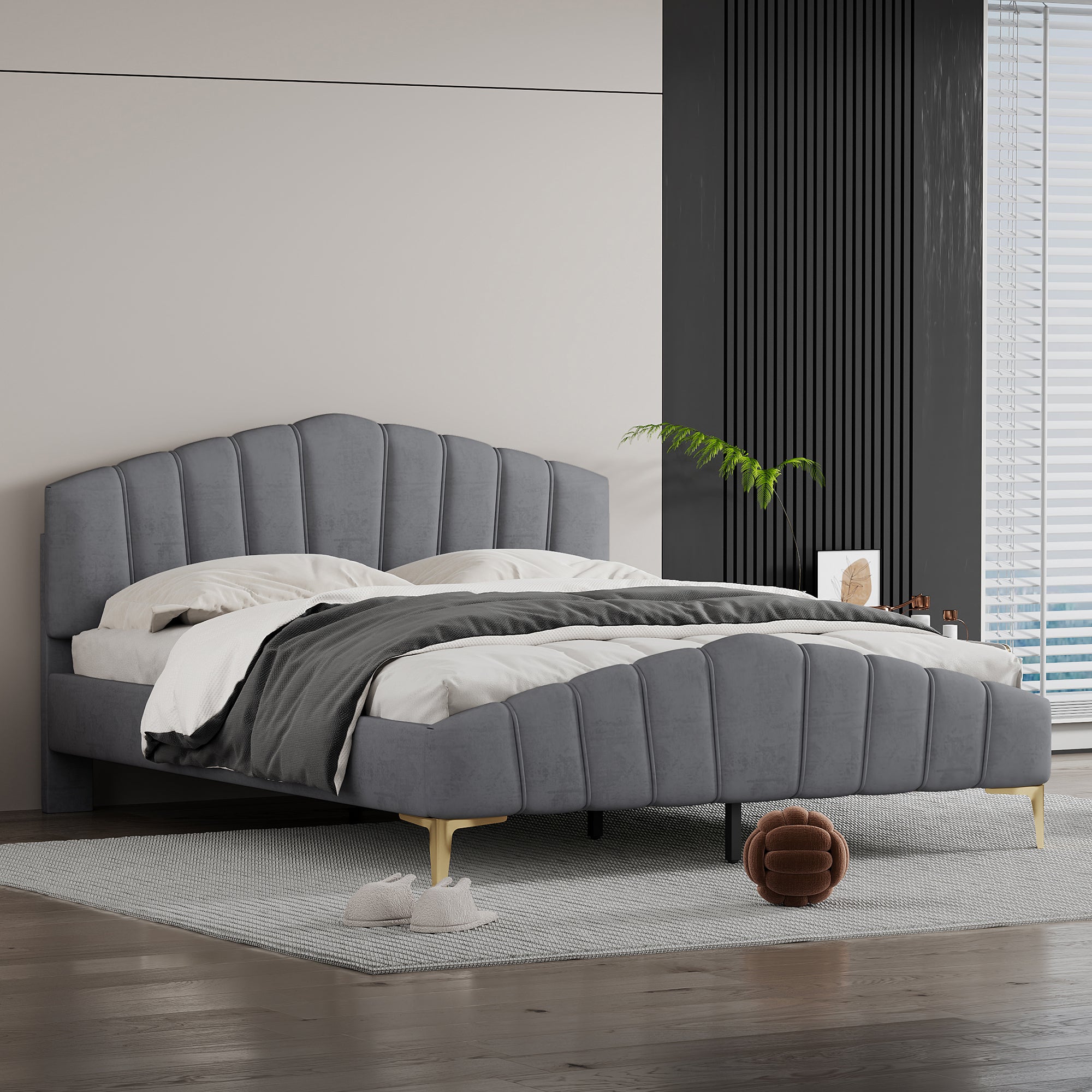 Queen Size Velvet Platform Bed with Thick Fabric, Stylish Stripe Decorated Bedboard and Elegant Metal Bed Leg, Gray - Atlantic Fine Furniture Melbourne FL
