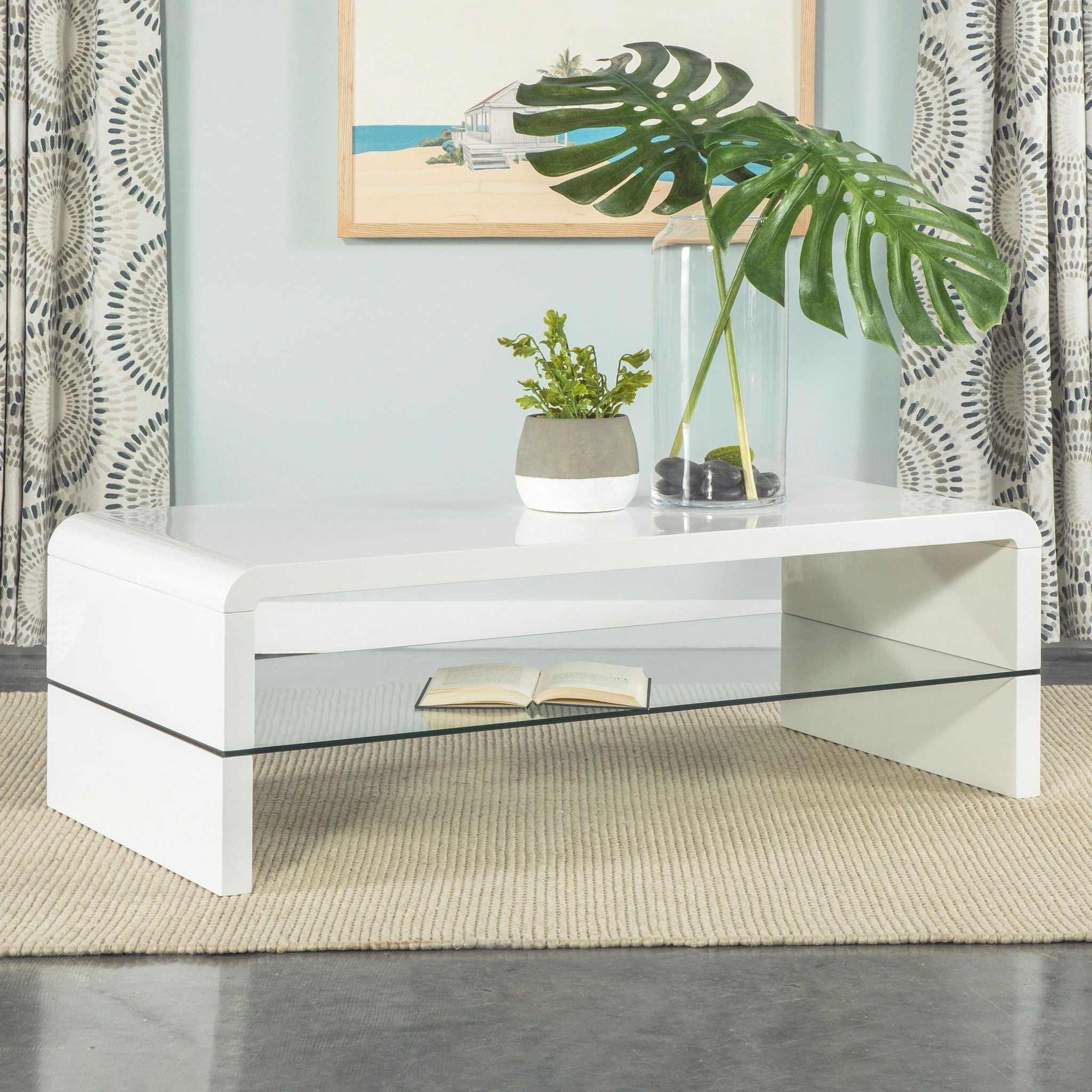 Airell Rectangular Coffee Table with Shelf White High Gloss - Atlantic Fine Furniture Melbourne FL