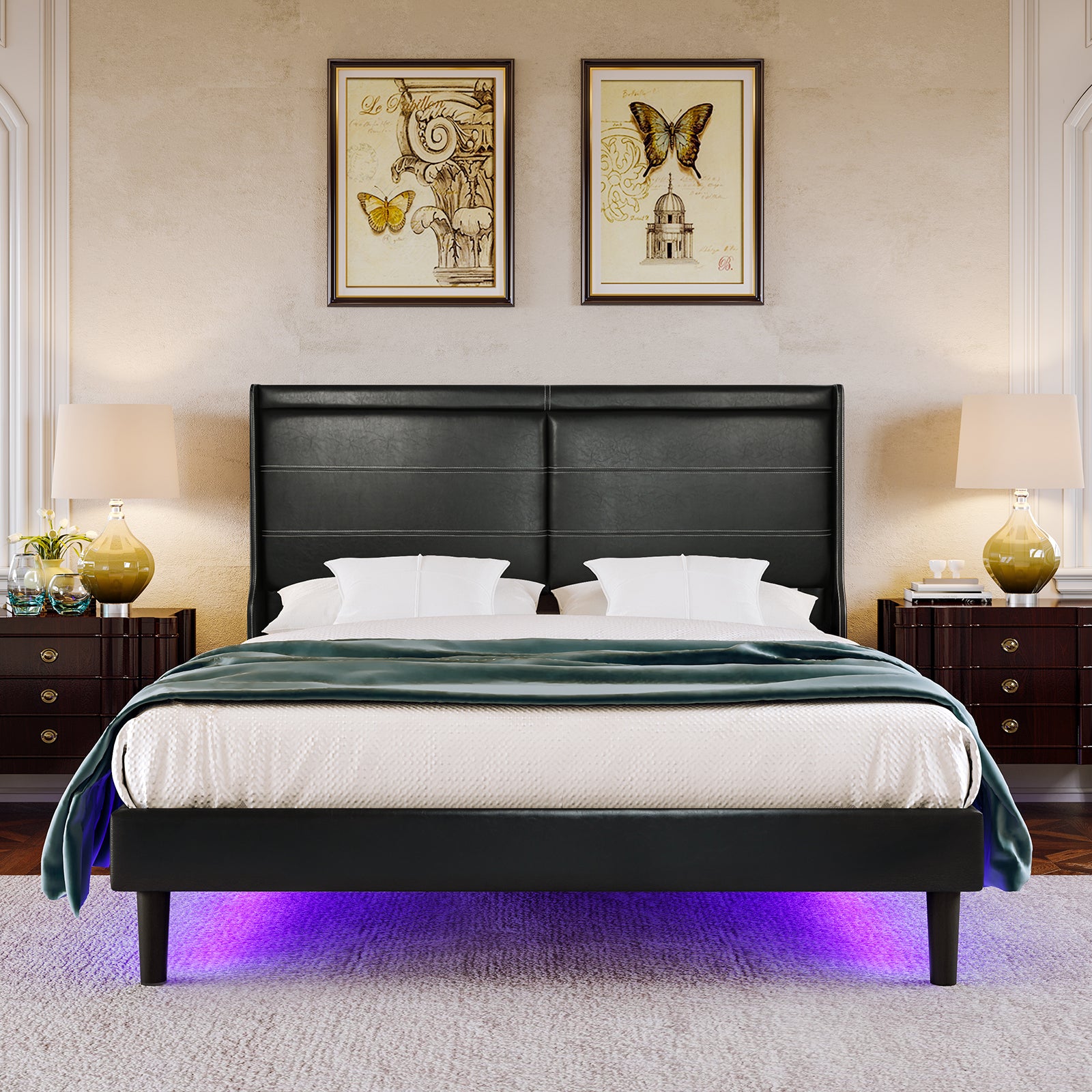 Stylish Queen Size PU Leather Upholstered Bed Frame Platform Bed with Lights Stitched Wing-backed Headboard Strong Wooden Slats Bed Canopy No Box Spring Needed Black - Atlantic Fine Furniture Melbourne FL