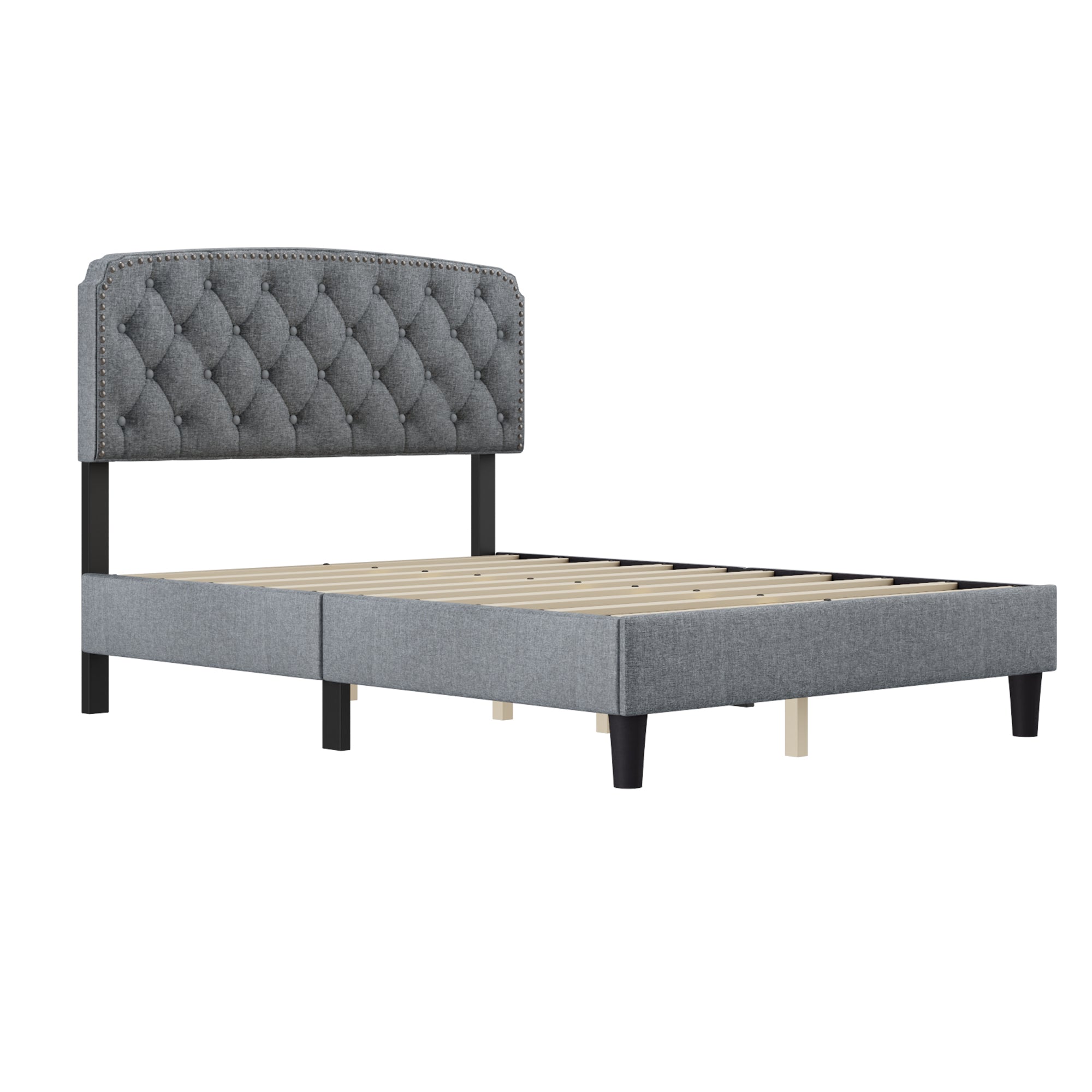 Full size Adjustable Headboard with Fine Linen Upholstery and Button Tufting for Bedroom, Wave Top Light Gray