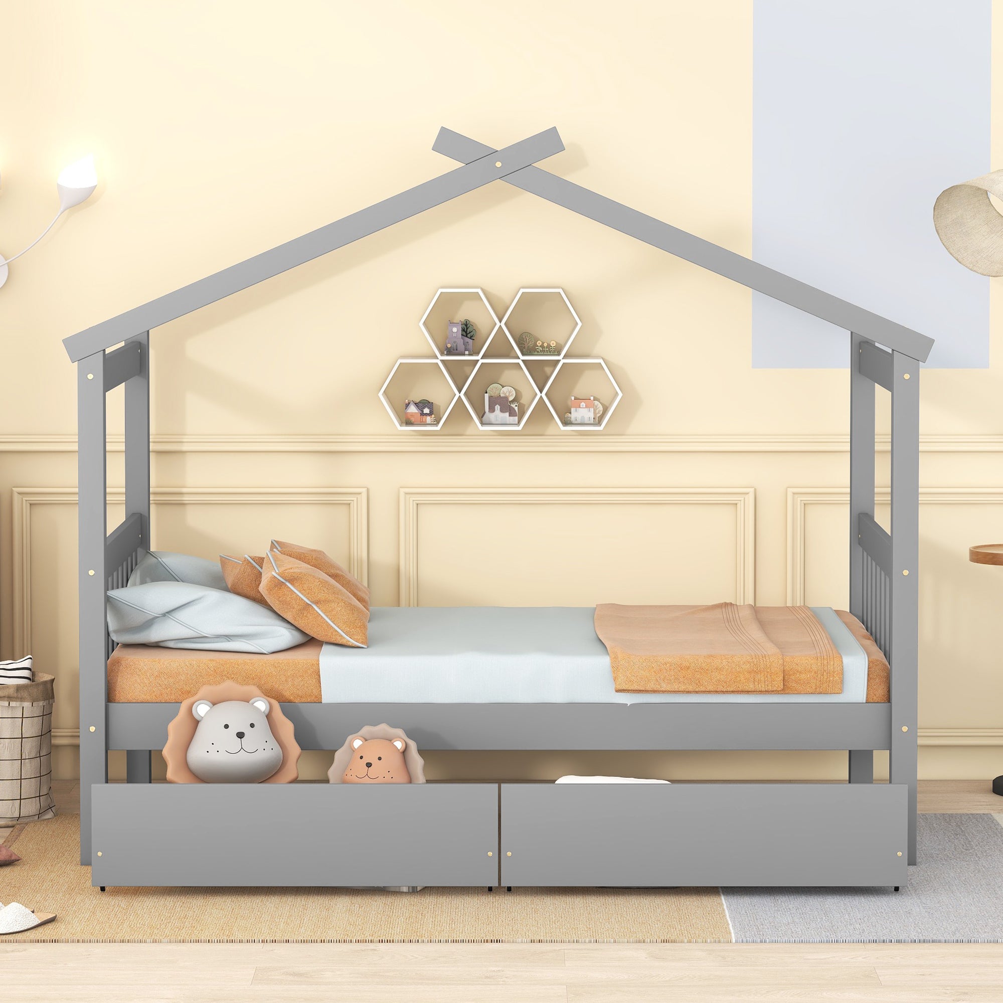 Twin Size Wooden House Bed with Drawers, Gray - Atlantic Fine Furniture Melbourne FL