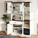 Farmhouse Kitchen Pantry Sideboard With Cabinet And Drawer, Multi Functional Kitchen Buffet With Hutch And Glass Holder, Microwave Stand With Charging Station - Brown / Antique White