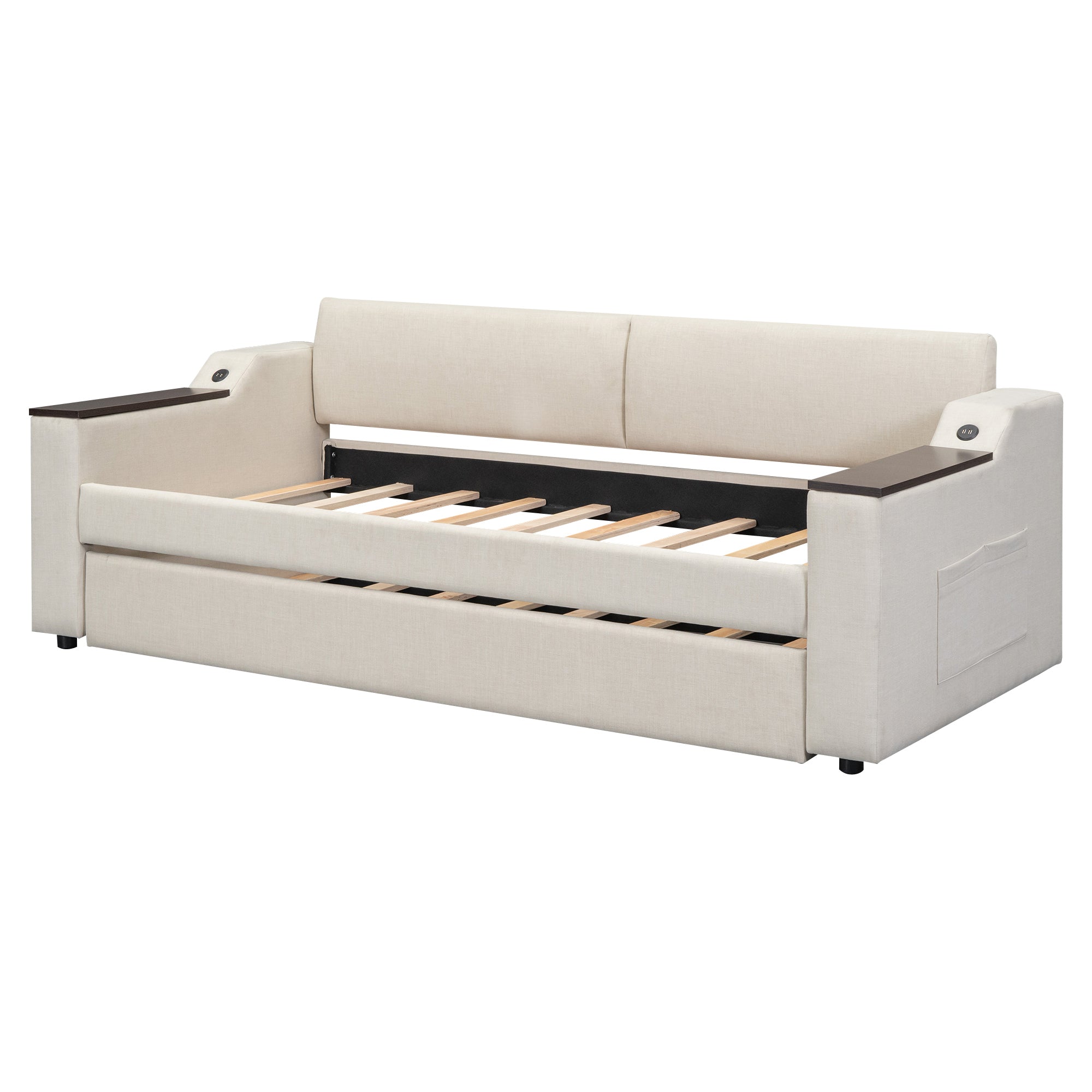 Twin Size Upholstery Daybed with Storage Arms, Trundle and USB Design, Beige - Atlantic Fine Furniture Melbourne FL