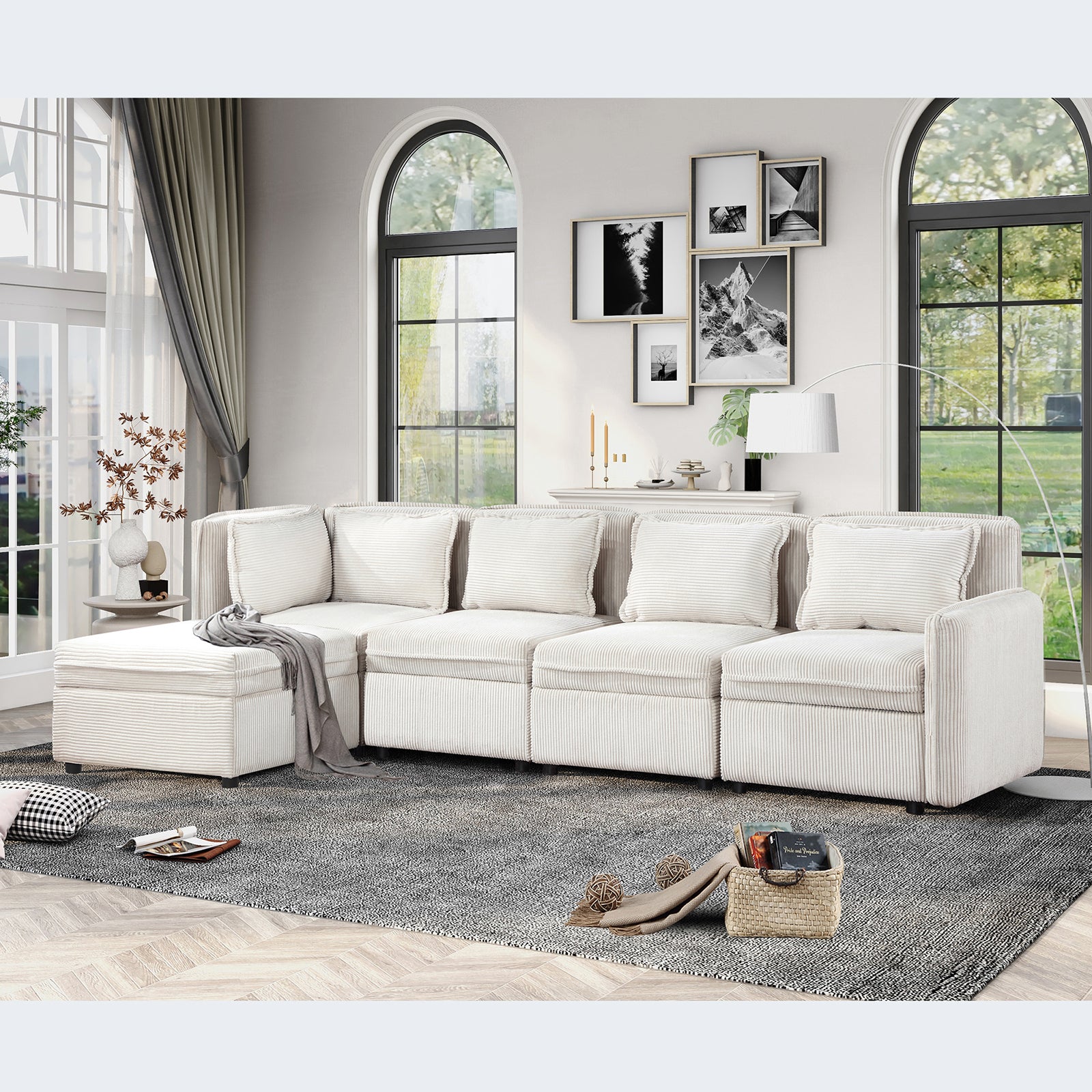 Modular Corduroy Sectional Sofa, Convertible L Shaped Couch Sofa with Storage, 5 Seat Sofa Couch for Living Room, Beige