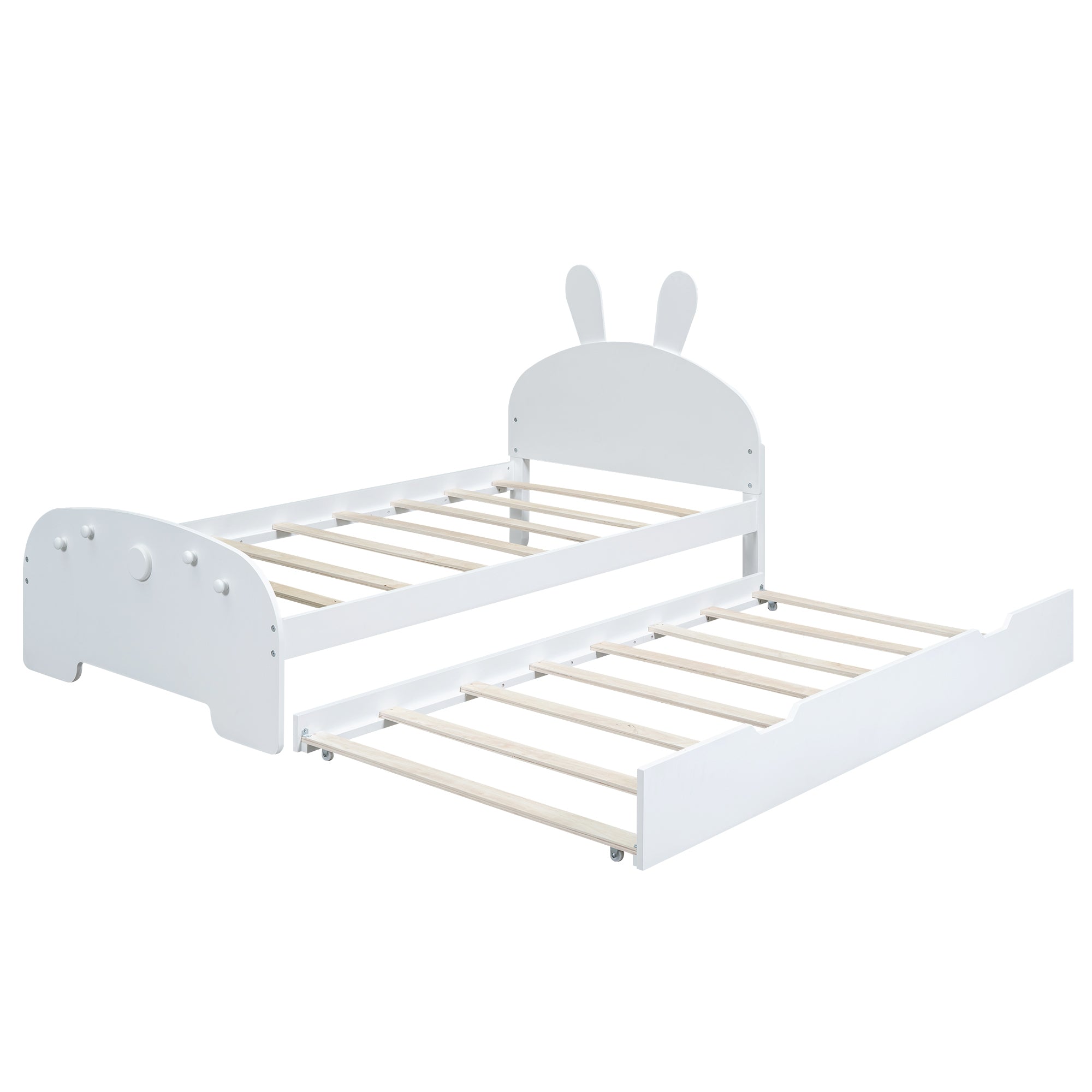 Wood Twin Size Platform Bed with Cartoon Ears Shaped Headboard and Trundle, White - Atlantic Fine Furniture Melbourne FL
