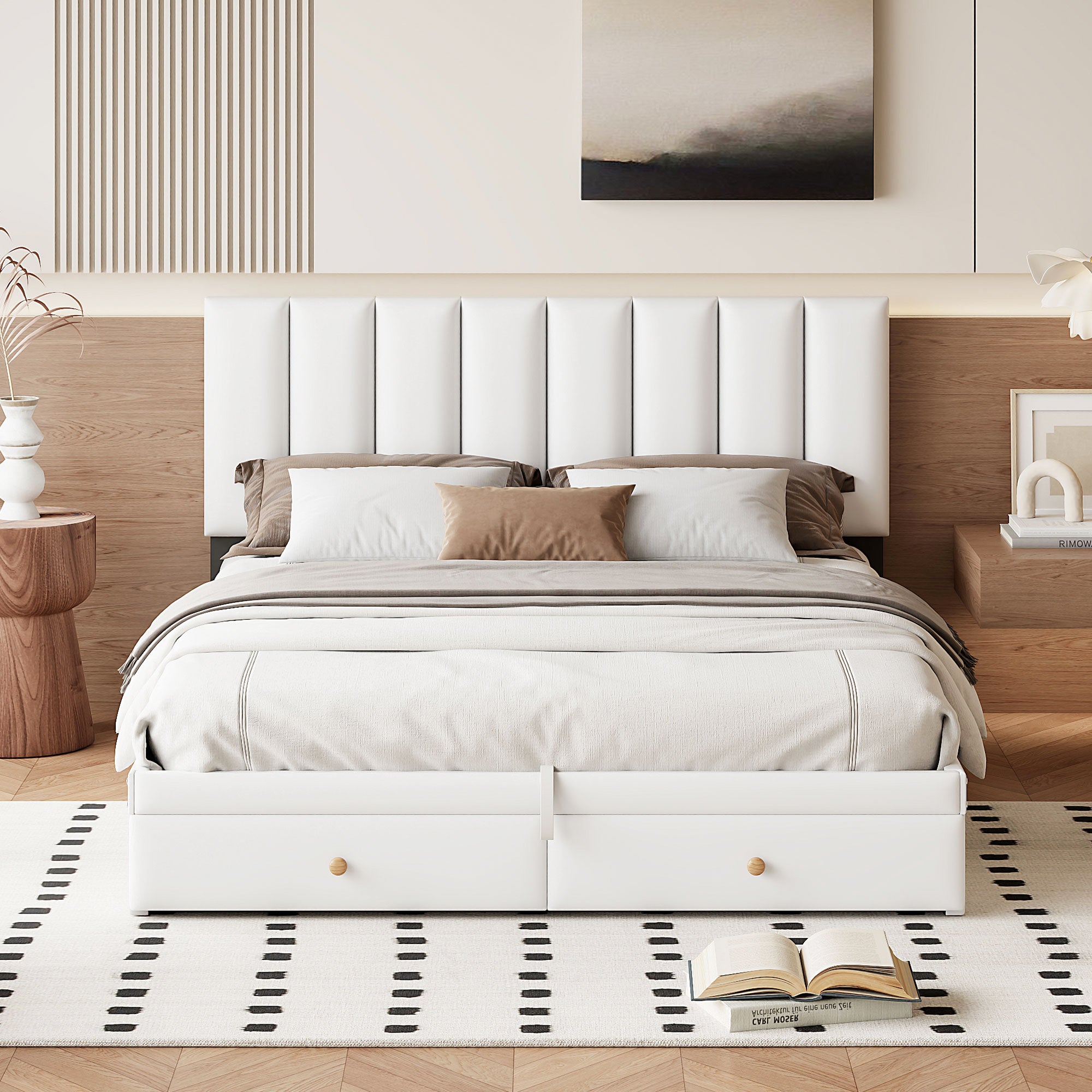 Queen Size Upholstered Bed with Hydraulic Storage System and Drawer, White - Atlantic Fine Furniture Melbourne FL