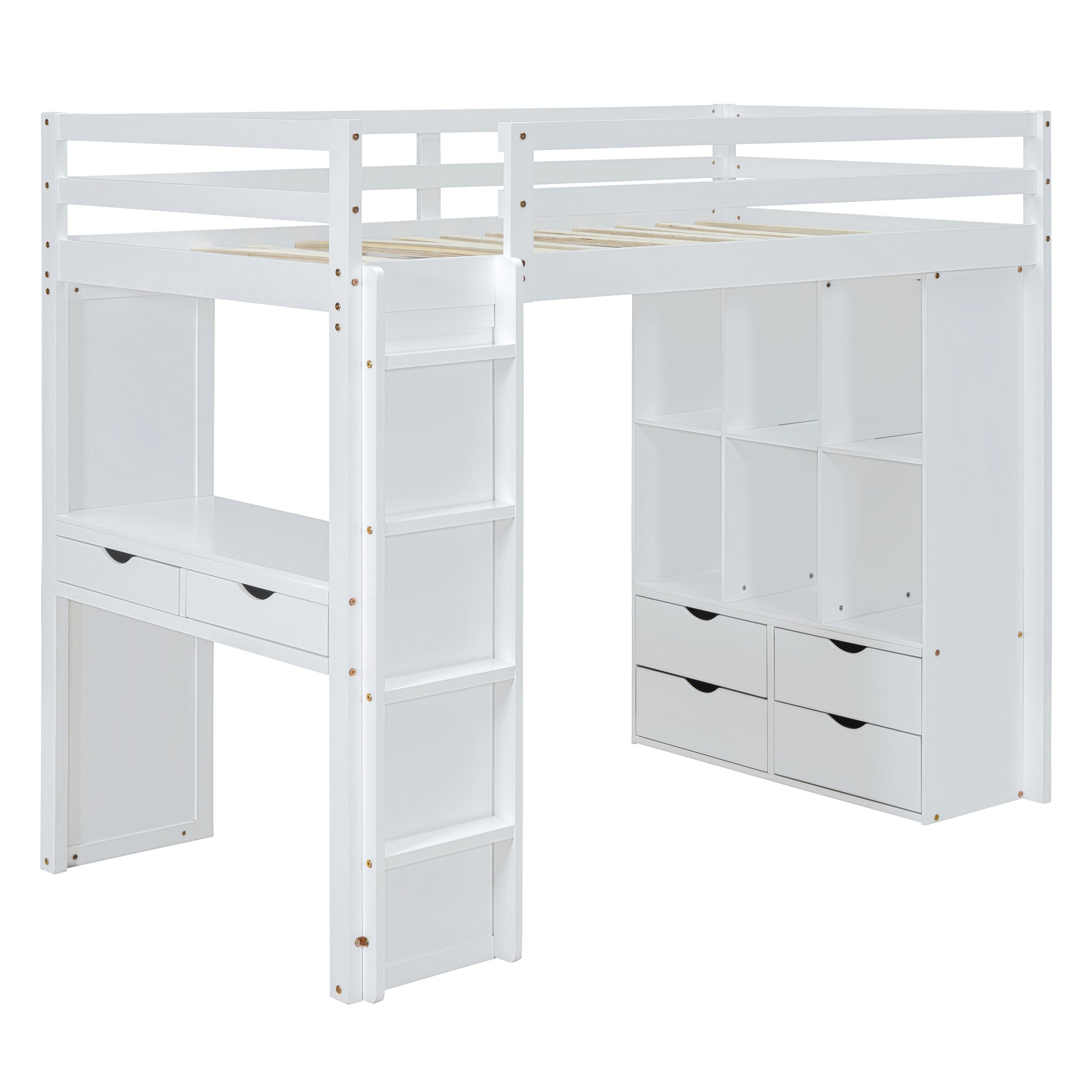 Full Size Loft Bed with large shelves, writing desk and LED Light, White - Atlantic Fine Furniture Melbourne FL