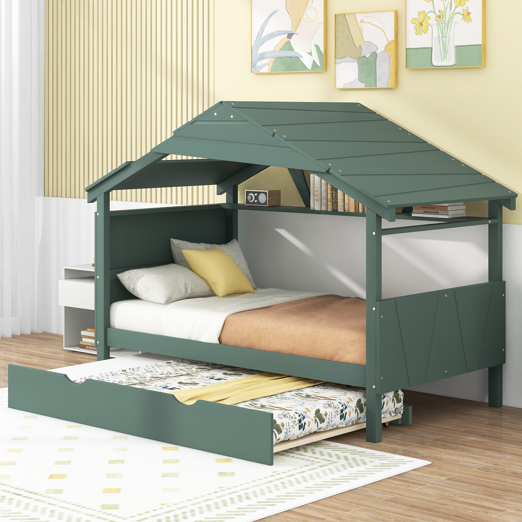 Wood Twin Size House Bed with Trundle and Storage, Green - Atlantic Fine Furniture Melbourne FL