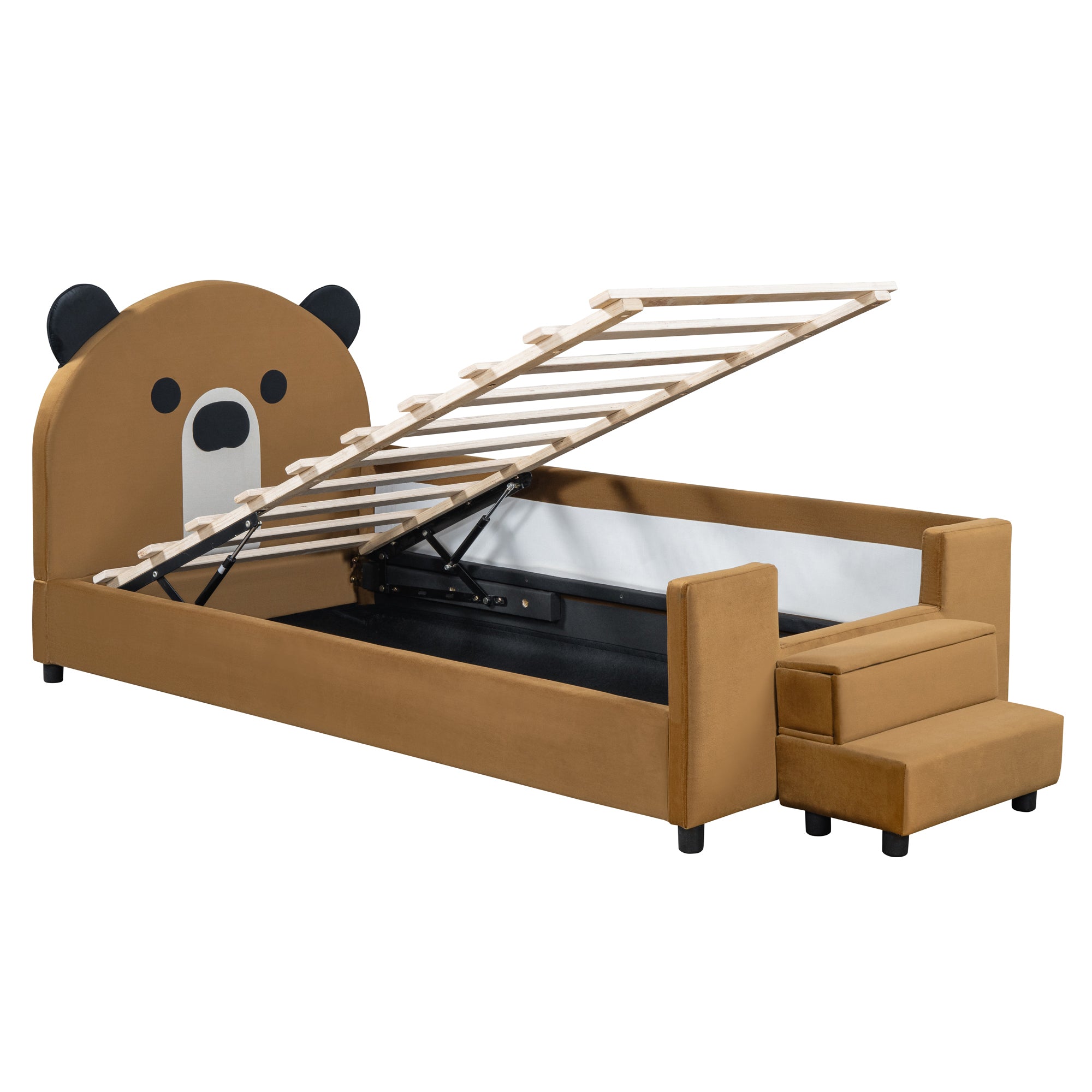 Twin Size Upholstered Daybed with Bear Shaped Headboard, Hydraulic System and Breathable Mesh Fence, Brown - Atlantic Fine Furniture Melbourne FL