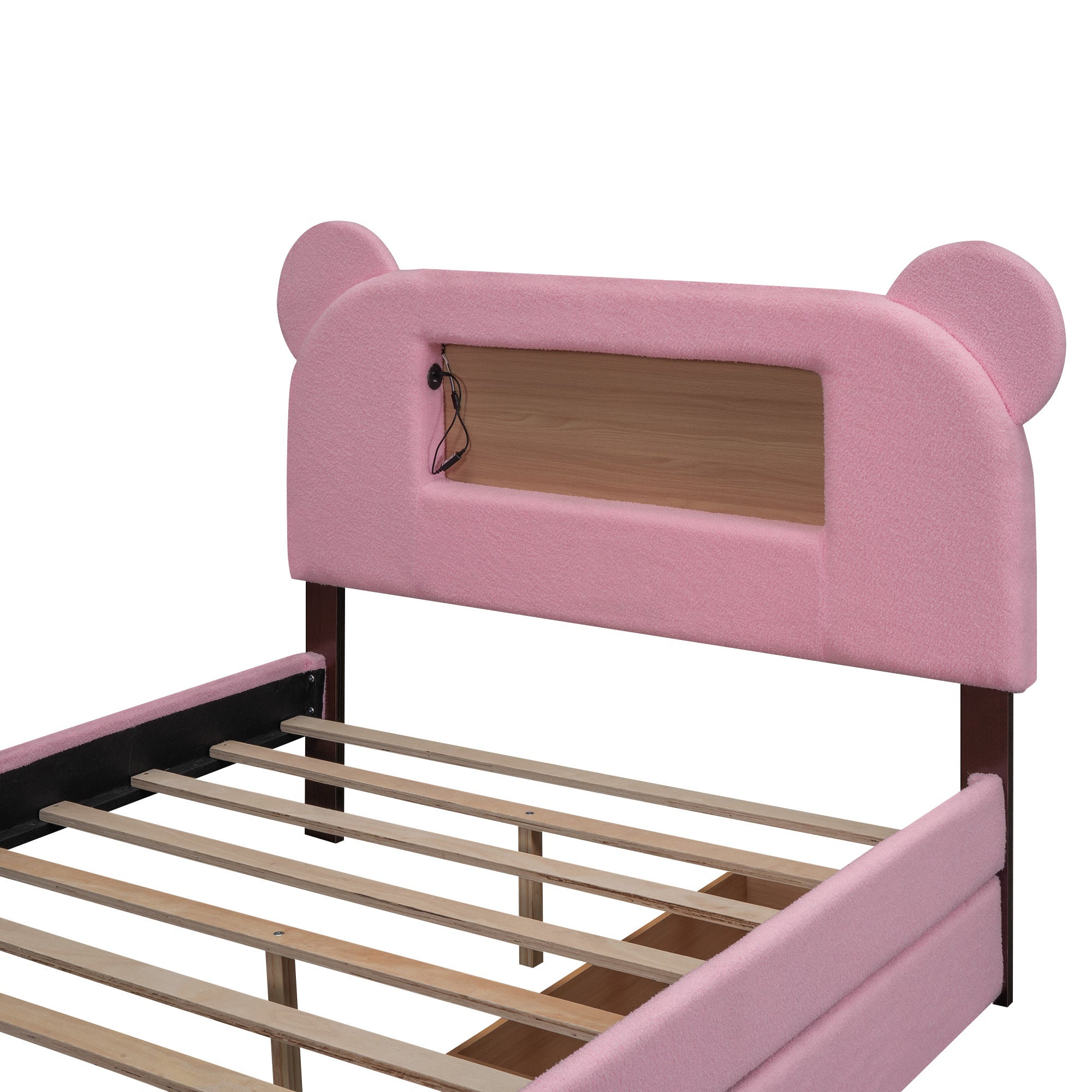 Full Size Upholstered Storage Platform Bed with Cartoon Ears Headboard, LED and USB, Pink - Atlantic Fine Furniture Melbourne FL