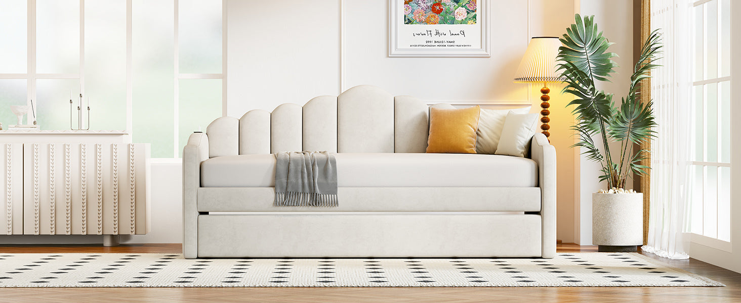 Twin size Upholstered Daybed with Trundle ,Velvet Sofabed with USB Charging Ports,No Box-spring Needed,Beige - Atlantic Fine Furniture Melbourne FL