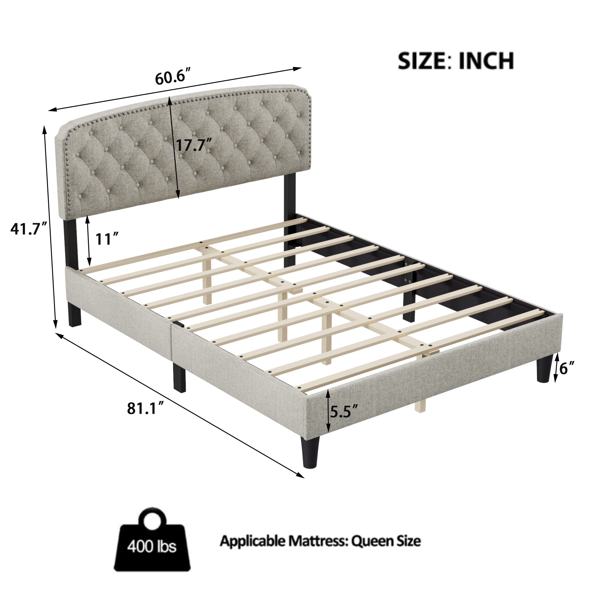 Queen size Adjustable Headboard with Fine Linen Upholstery and Button Tufting for Bedroom, Wave Top cream White