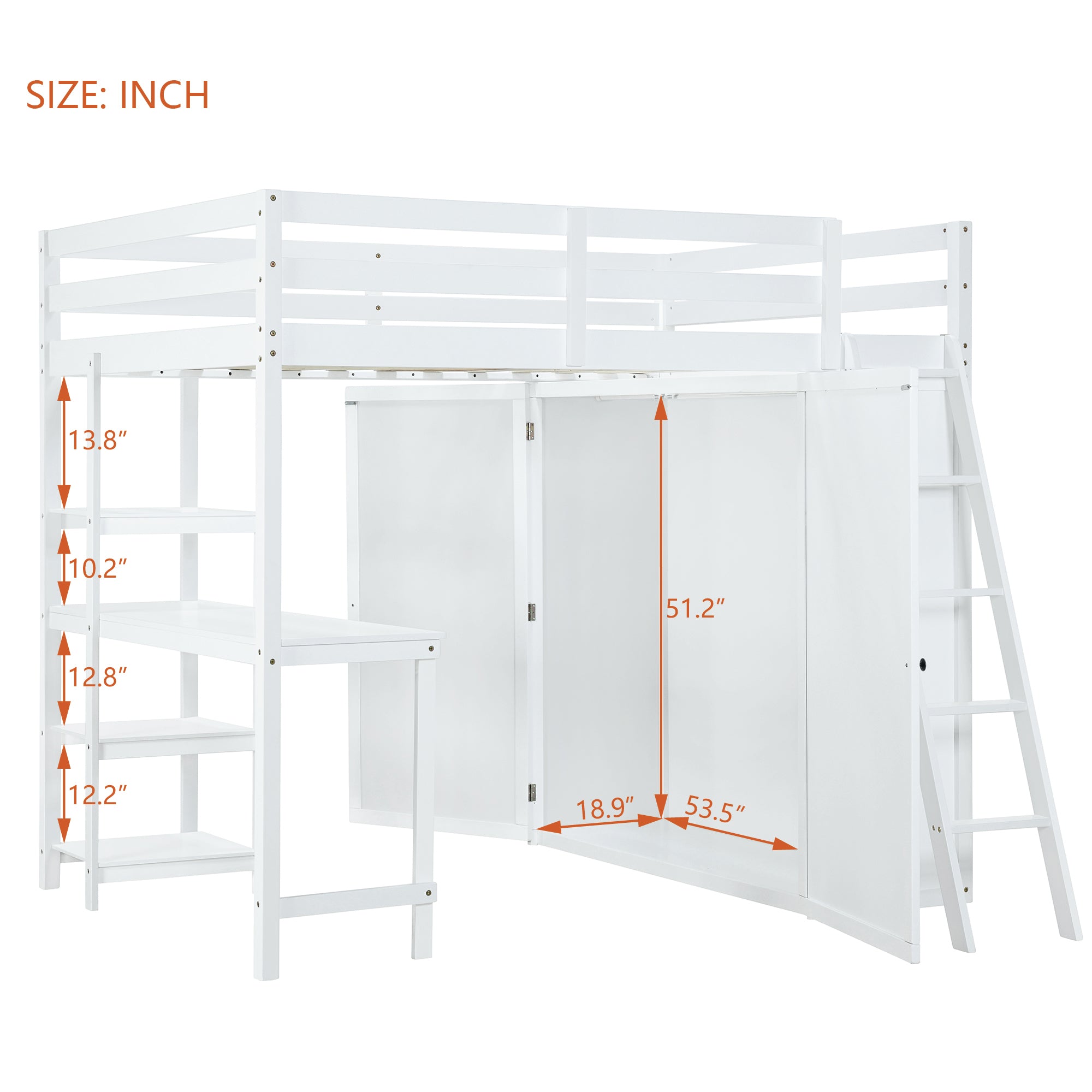 Full Size Loft Bed with Wardrobe and Desk and Shelves, White - Atlantic Fine Furniture Melbourne FL