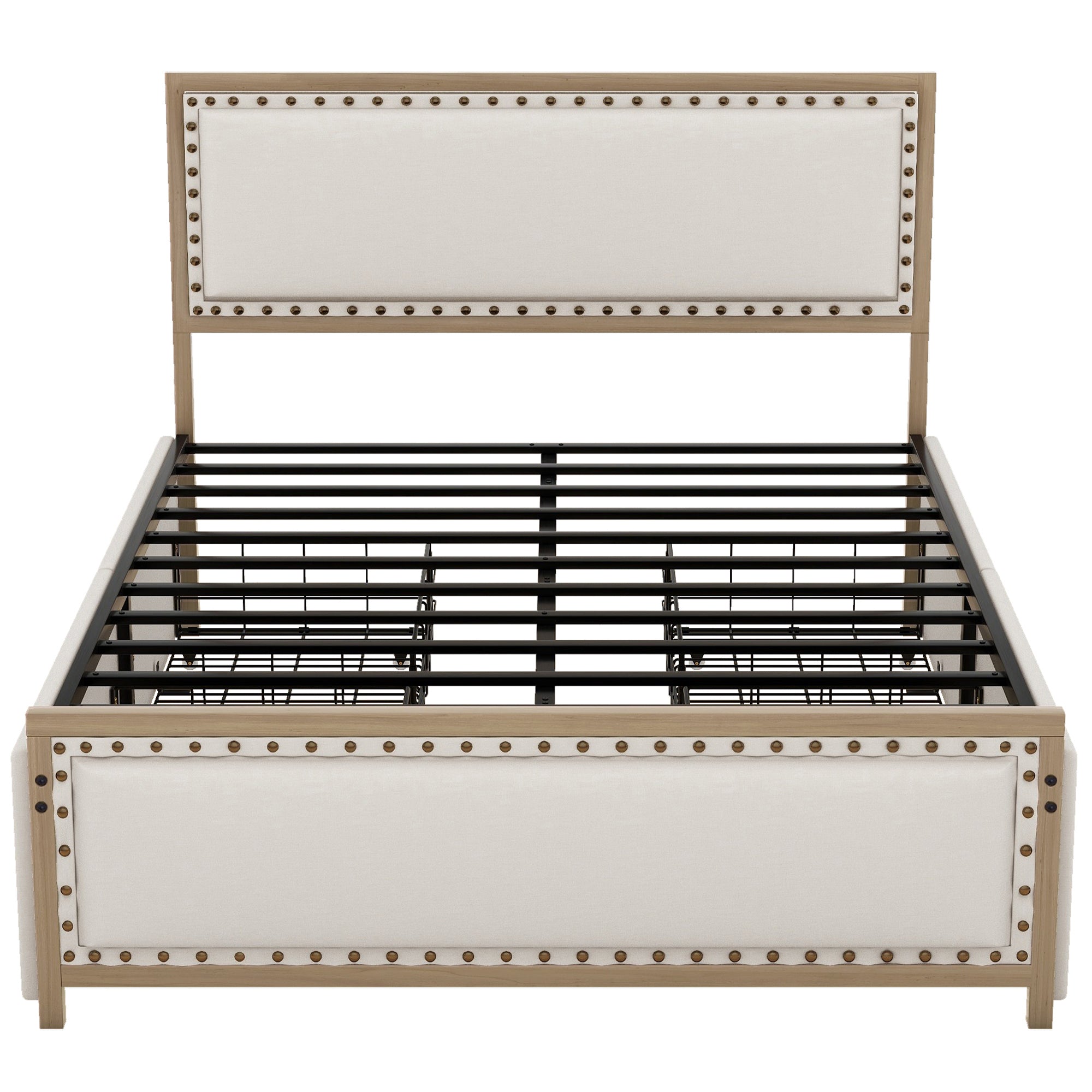 Queen Size Upholstered Platform Bed with Nailhead Decoration and 4 Drawers, Brown - Atlantic Fine Furniture Melbourne FL